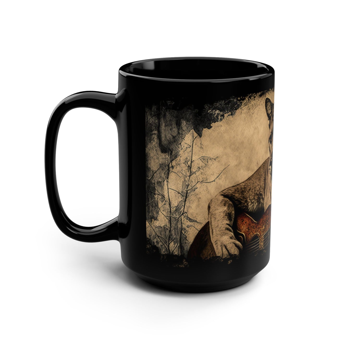 Mountain Lion Puma Cougar Playing Guitar - 15 oz Coffee Mug