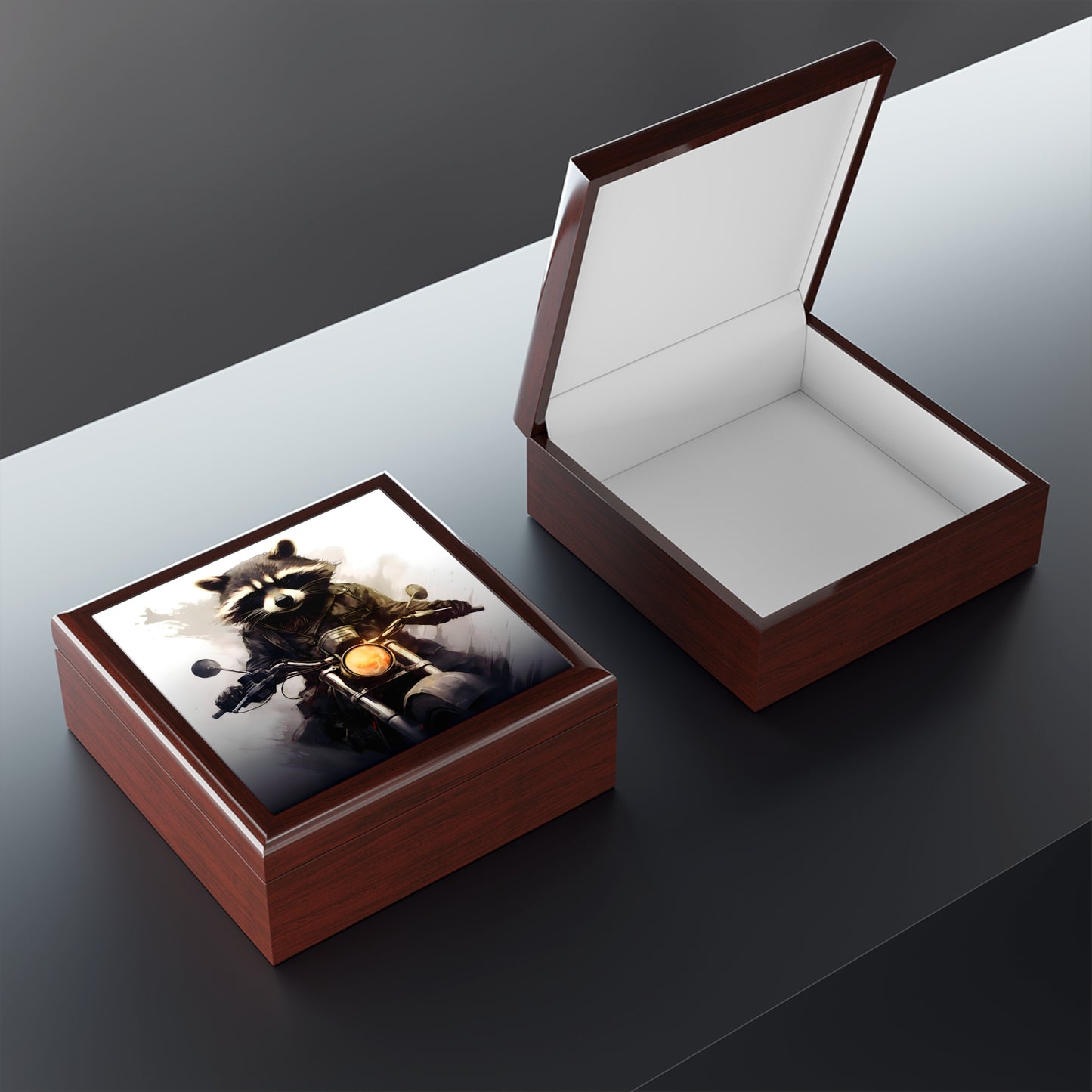 Eddie the Raccoon on His New Motorcycle Fine Art Print Jewelry Keepsake Trinkets Box