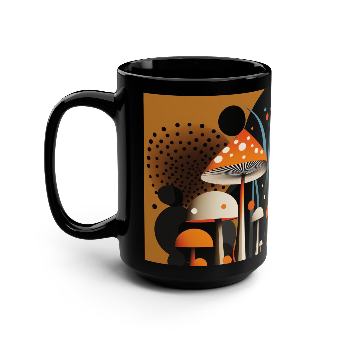 Psychedelic Mushroom Black Coffee Mug – 15oz Retro Orange & Blue Fungi Design