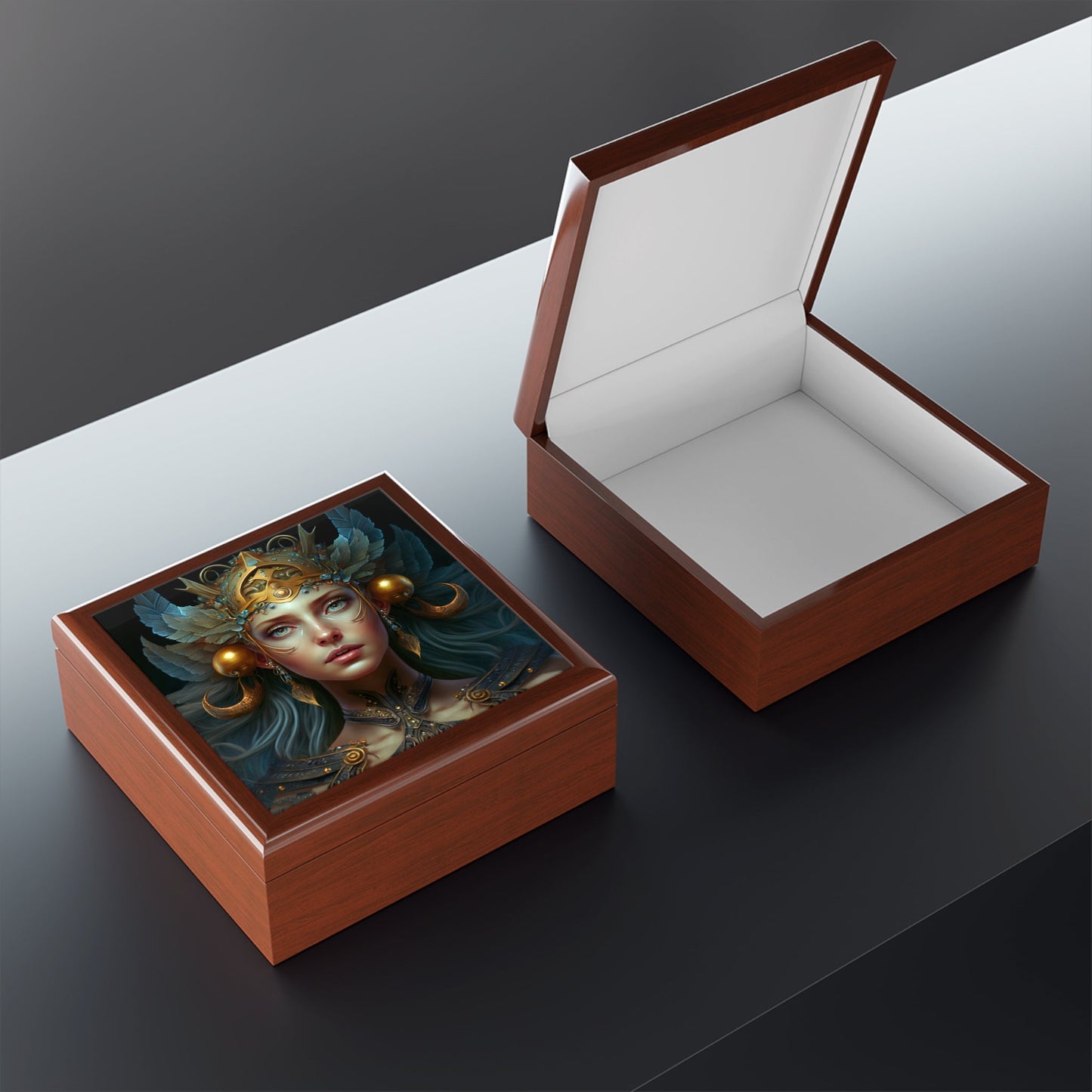 Freya the Goddess Wood Keepsake Jewelry Box with Ceramic Tile Cover