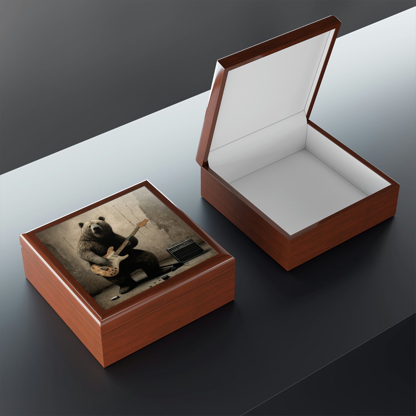 Grizzly Bear Playing Guitar Wood Keepsake Jewelry Box with Ceramic Tile Cover