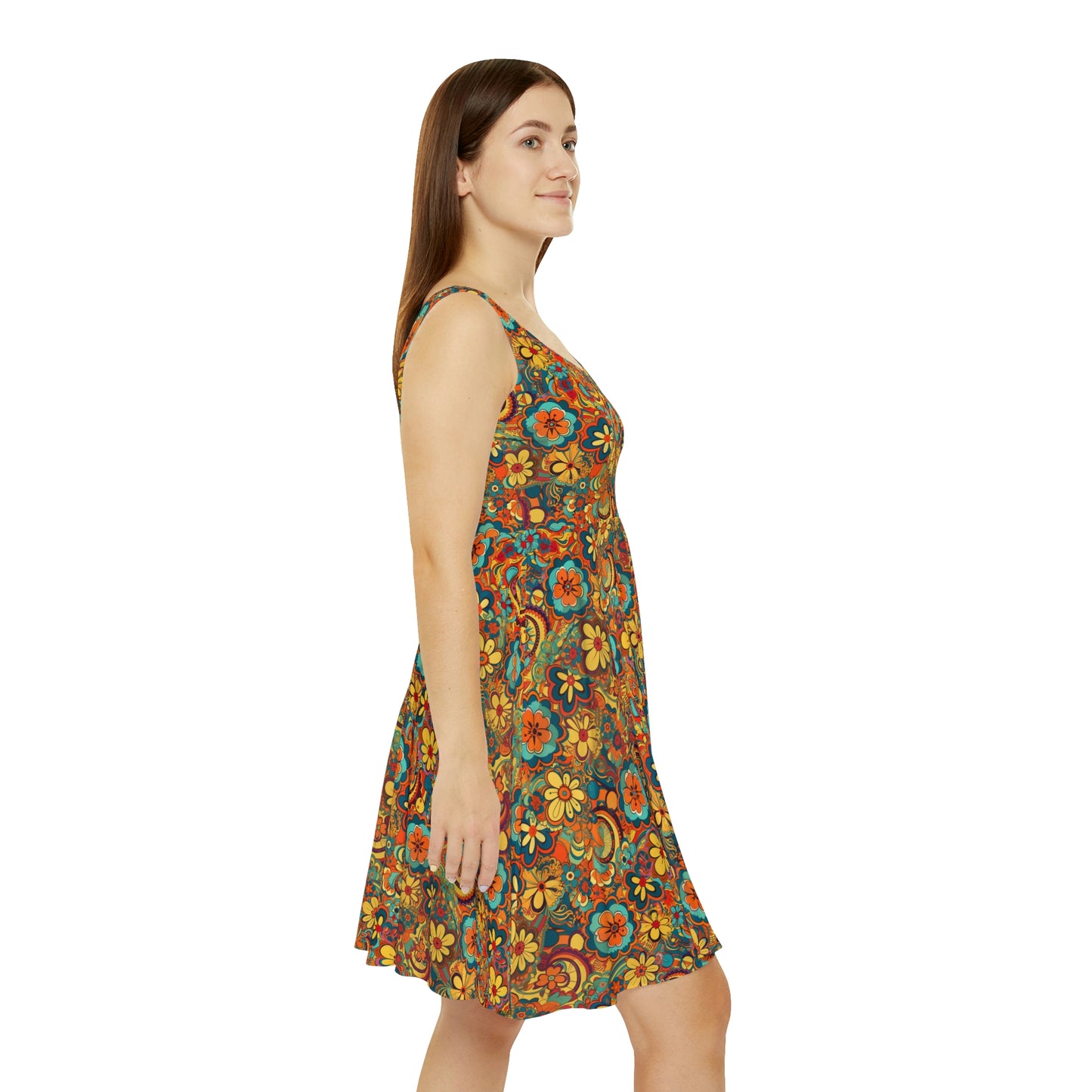 Boho Floral Women's Skater Dress - Vintage 60's Style Bohemian Naturalist Dress