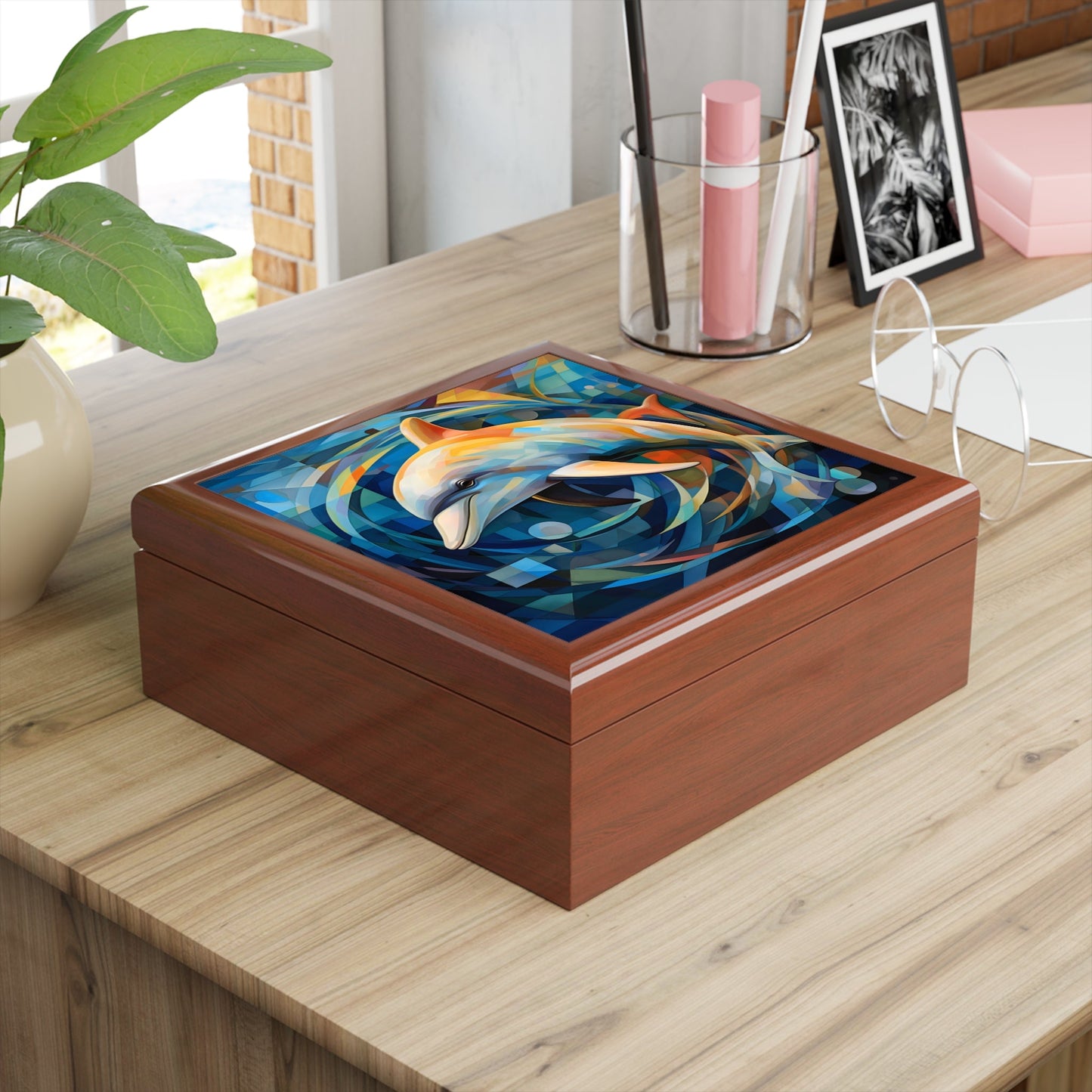 Abstract Cubism Dolphin Fine Art Print Jewelry Keepsake Trinkets Box