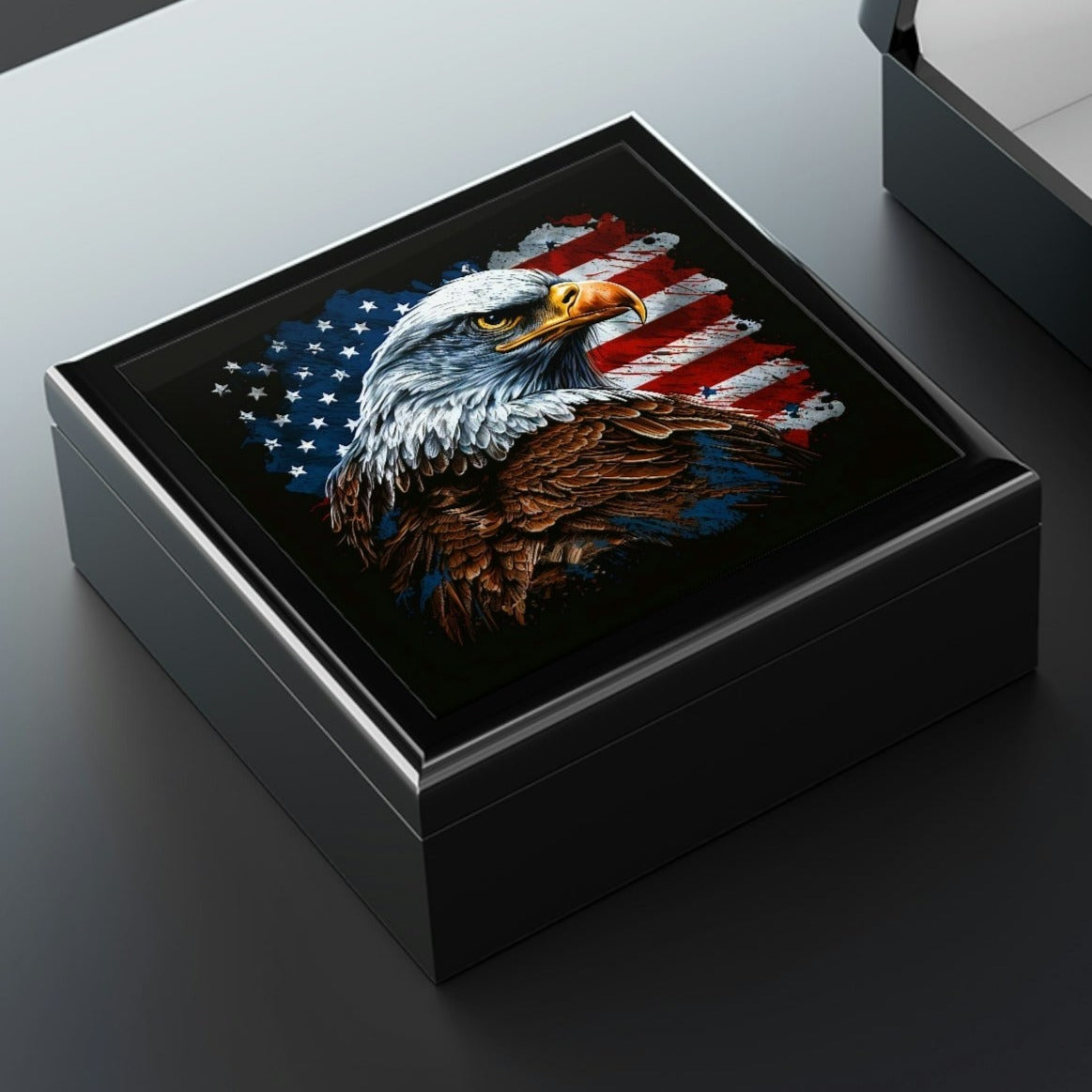 American Bald Eagle Flag Wood Keepsake Jewelry Box with Ceramic Tile Cover
