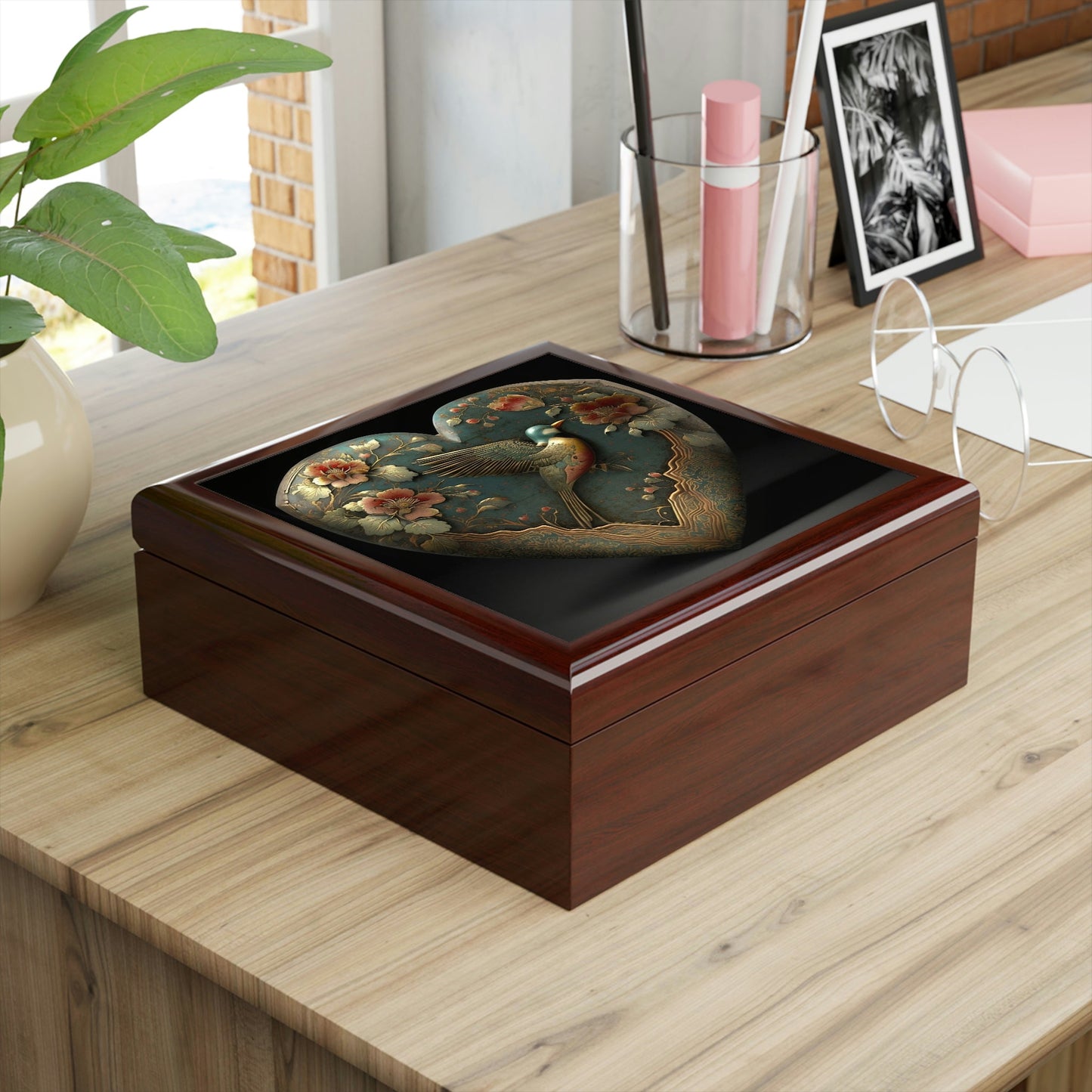 Antique Heirloom Heart Wood Keepsake Jewelry Box with Ceramic Tile Cover