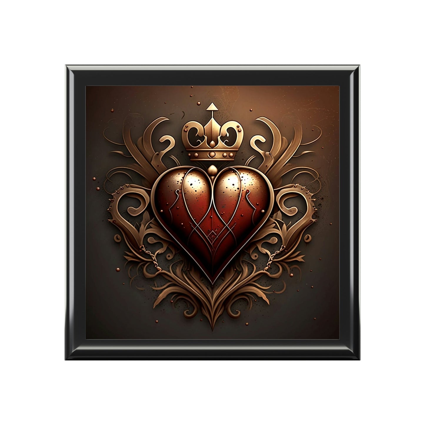 Antique Vintage Copper Heart Wood Keepsake Jewelry Box with Ceramic Tile Cover