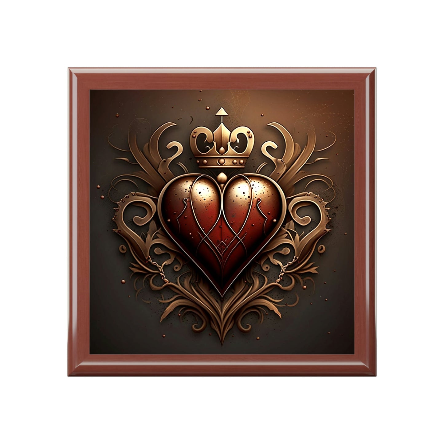 Antique Vintage Copper Heart Wood Keepsake Jewelry Box with Ceramic Tile Cover
