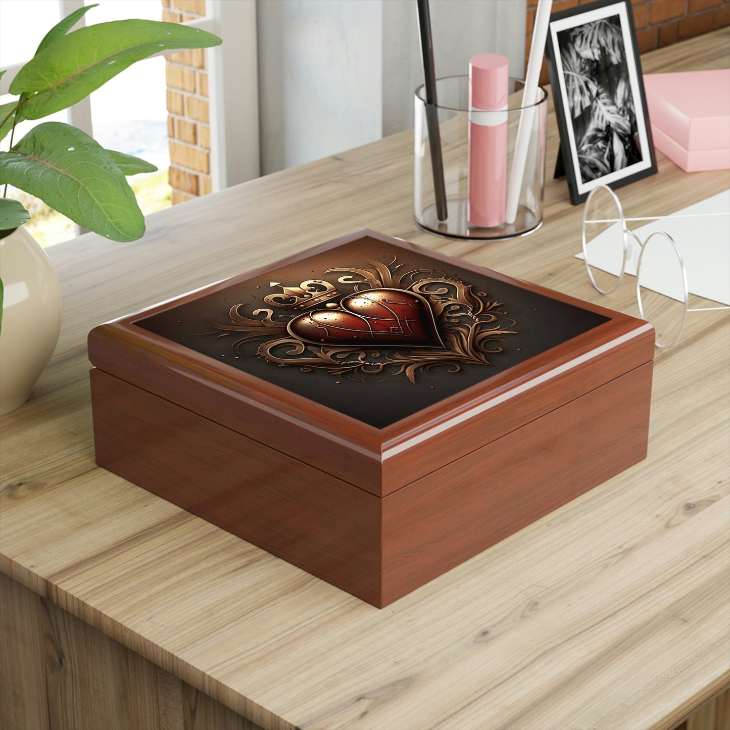 Antique Vintage Copper Heart Wood Keepsake Jewelry Box with Ceramic Tile Cover