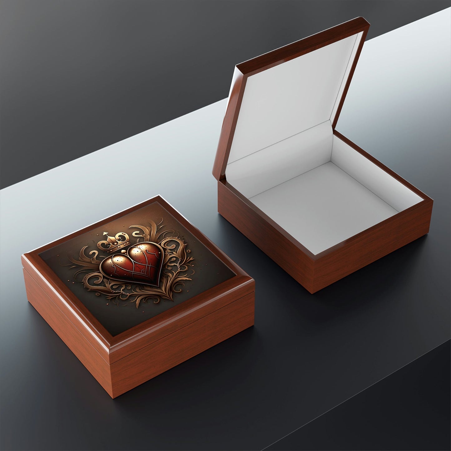 Antique Vintage Copper Heart Wood Keepsake Jewelry Box with Ceramic Tile Cover