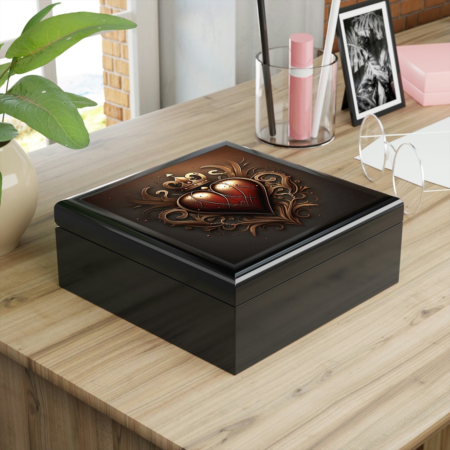 Antique Vintage Copper Heart Wood Keepsake Jewelry Box with Ceramic Tile Cover