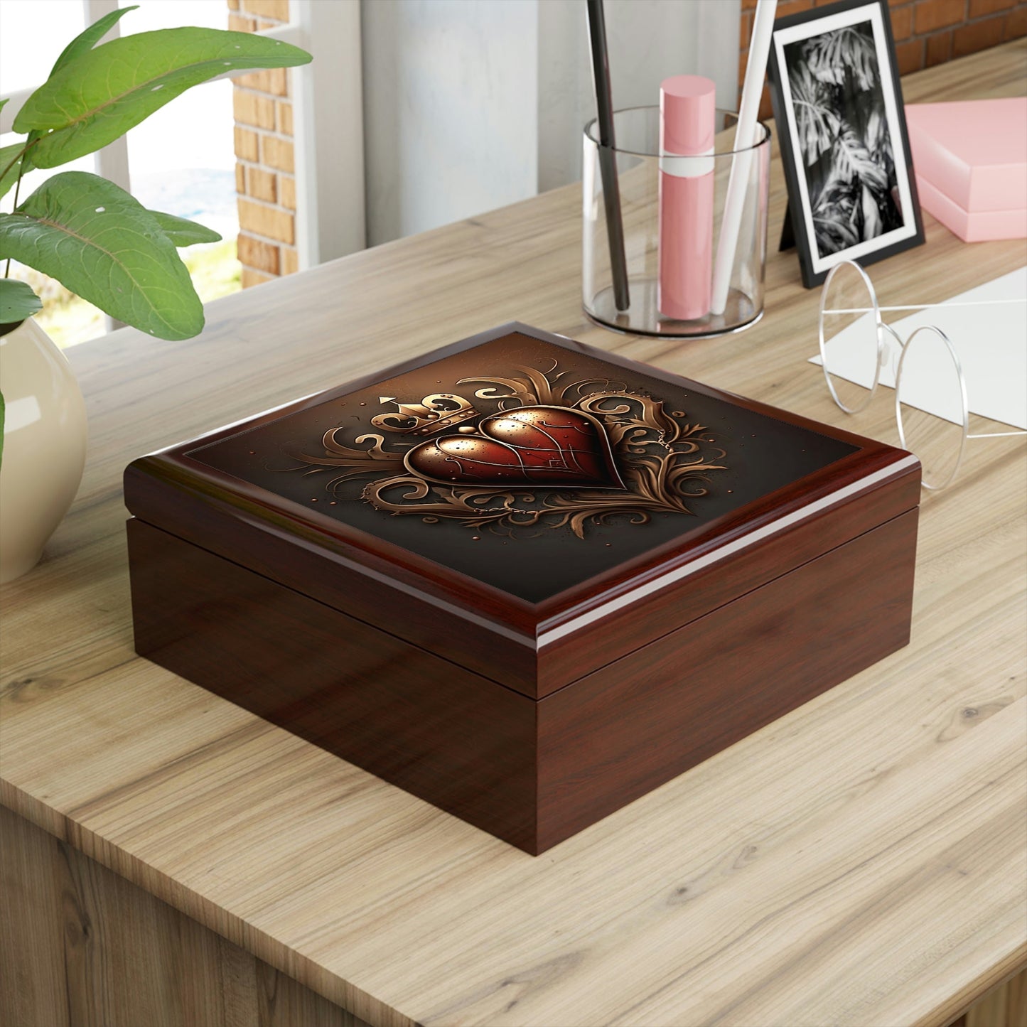 Antique Vintage Copper Heart Wood Keepsake Jewelry Box with Ceramic Tile Cover