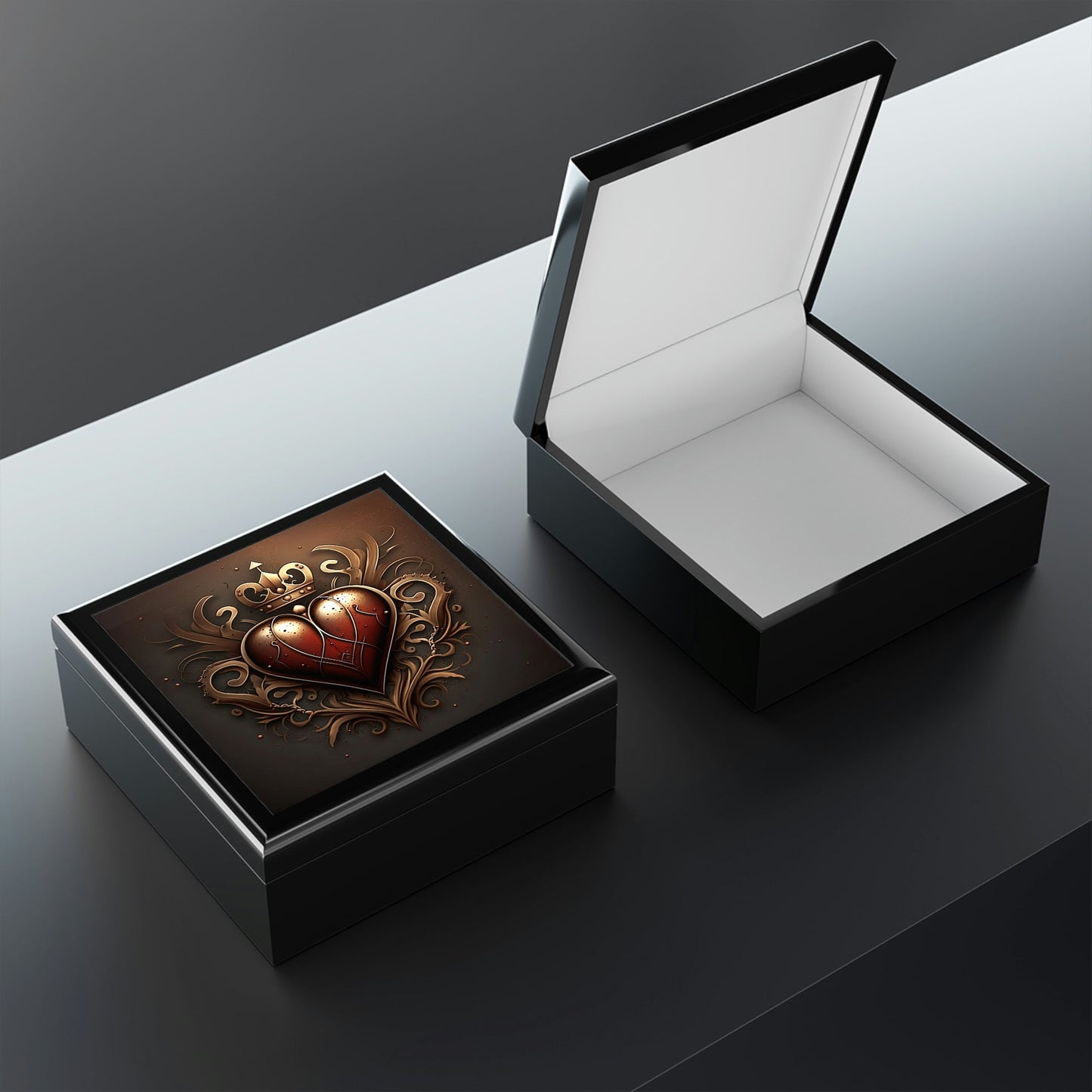 Antique Vintage Copper Heart Wood Keepsake Jewelry Box with Ceramic Tile Cover