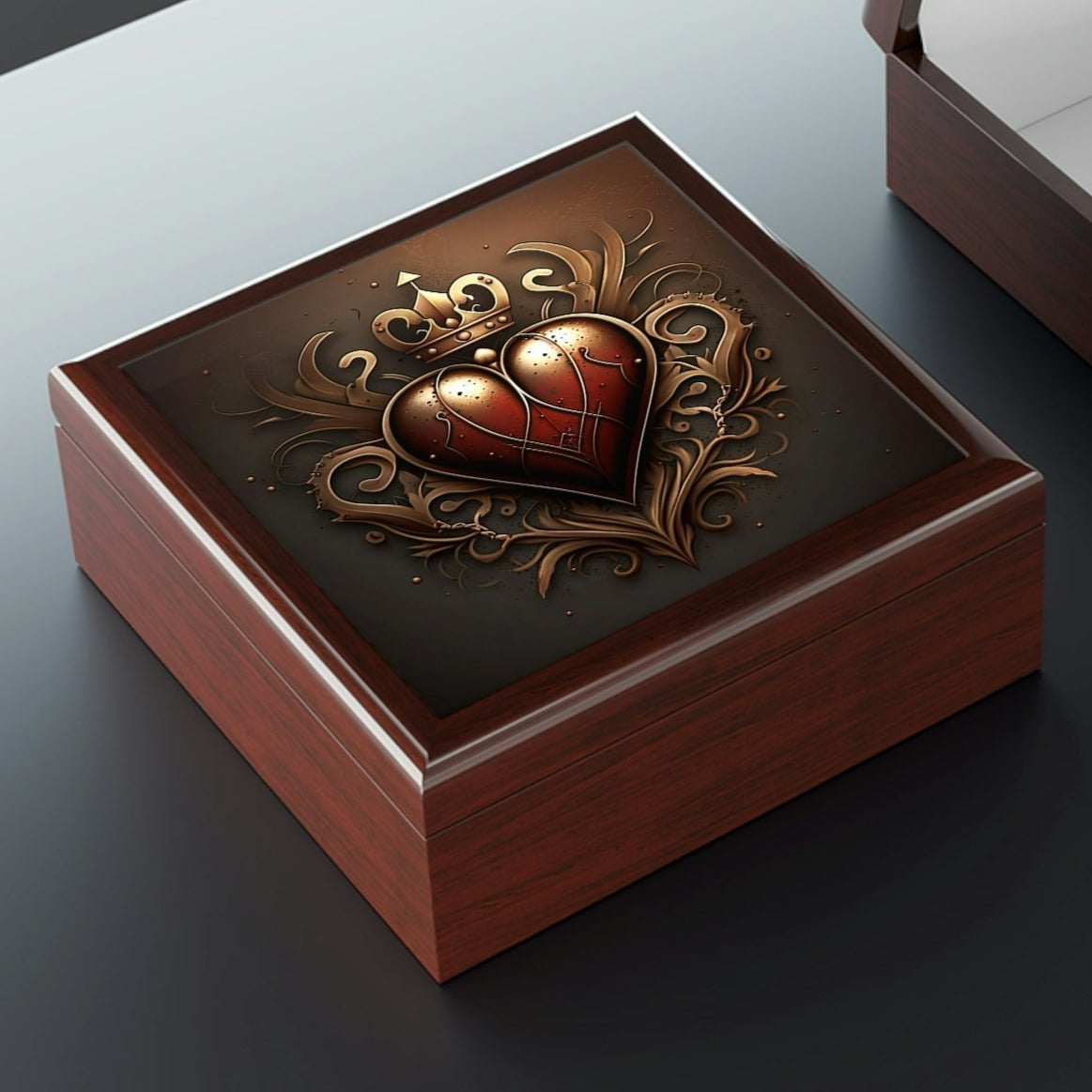 Antique Vintage Copper Heart Wood Keepsake Jewelry Box with Ceramic Tile Cover