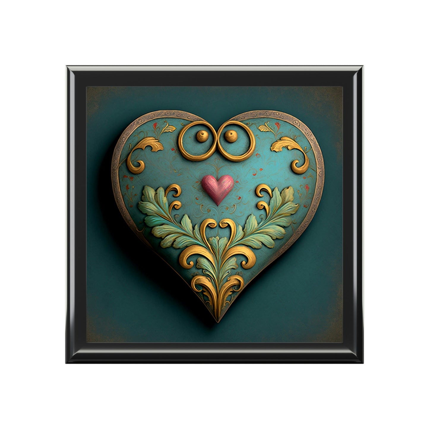 Antique Vintage Heart Wood Keepsake Jewelry Box with Ceramic Tile Cover