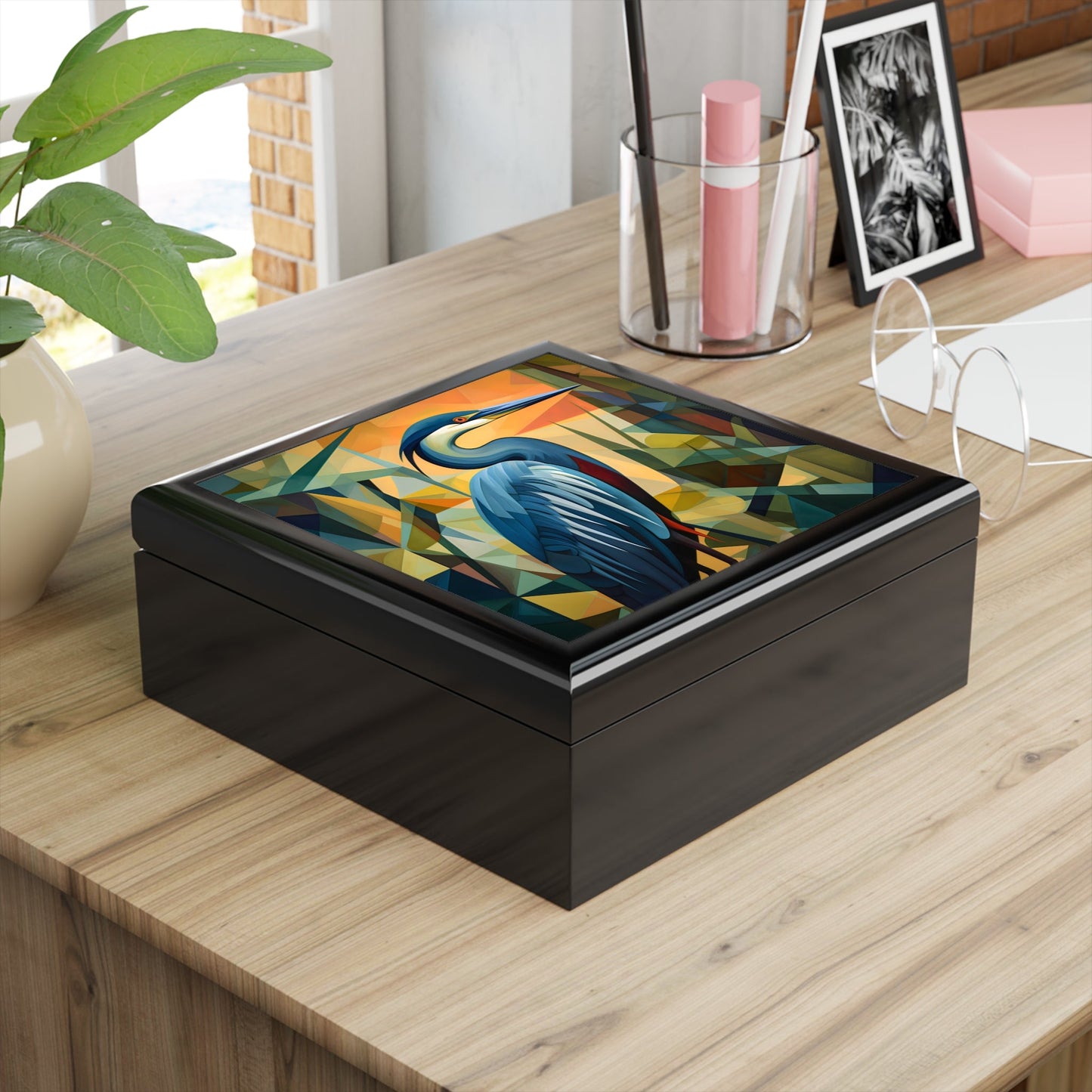 Art Deco Great Blue Heron Fine Art Print Jewelry Keepsake Trinkets Box