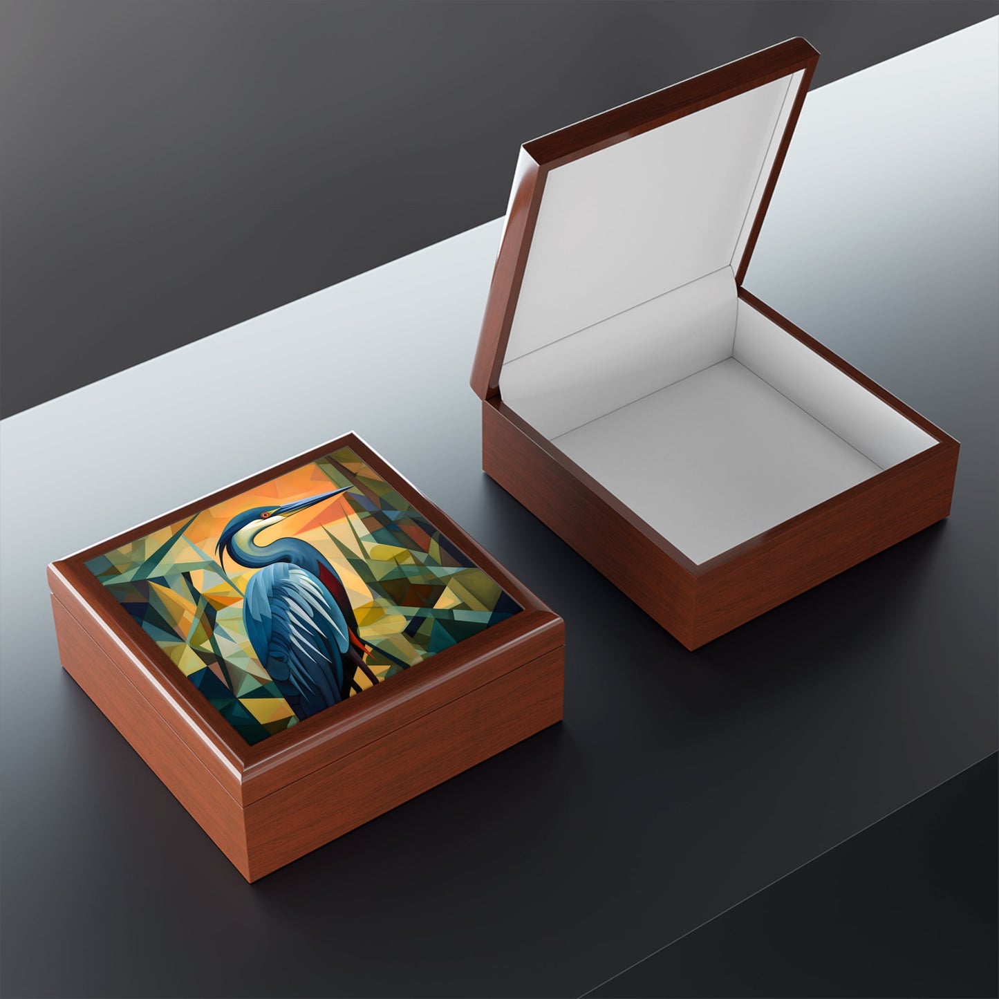 Art Deco Great Blue Heron Fine Art Print Jewelry Keepsake Trinkets Box
