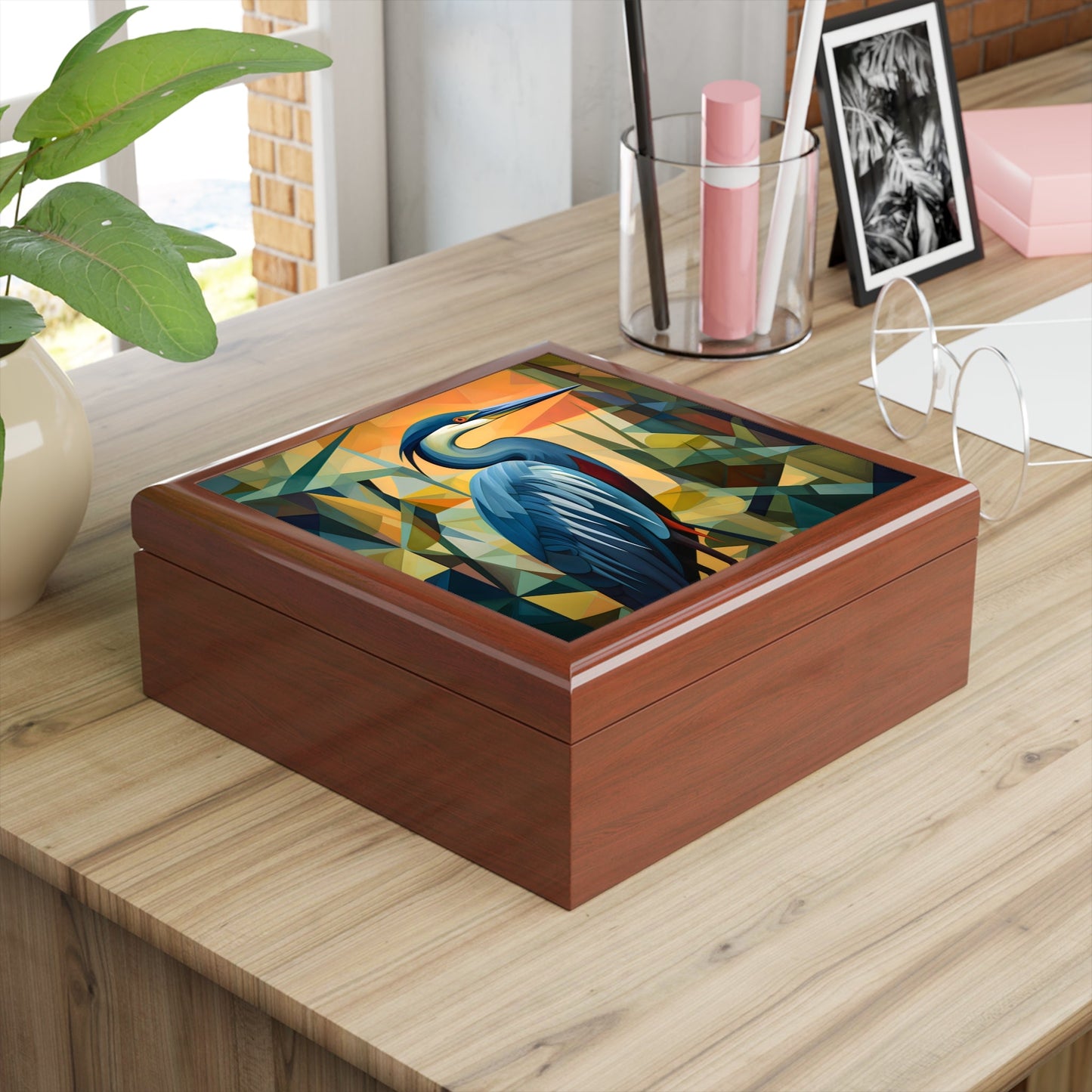 Art Deco Great Blue Heron Fine Art Print Jewelry Keepsake Trinkets Box