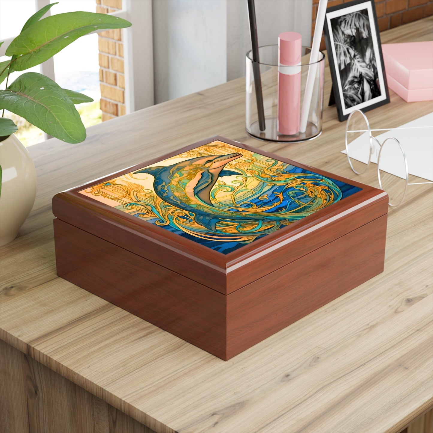 Art Nouveau Golden Dolphin Fine Art Print Jewelry Keepsake Trinkets Box