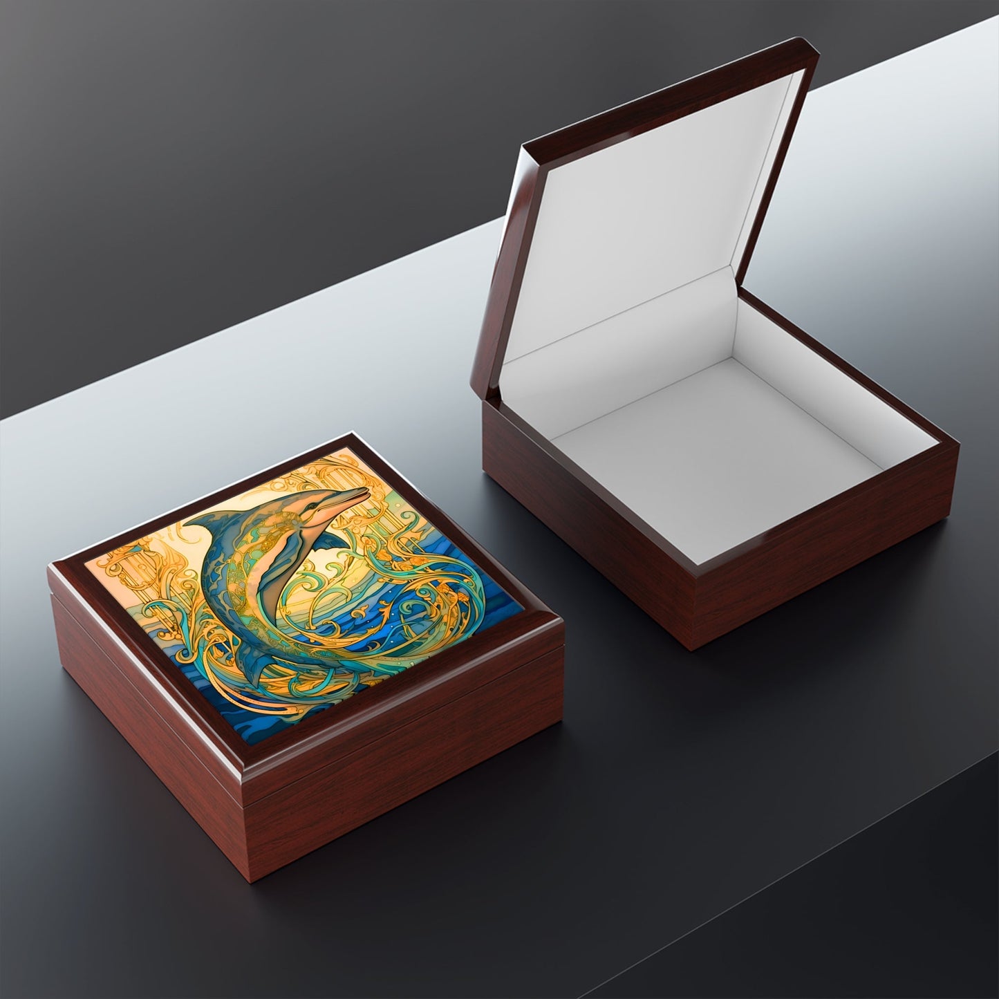 Art Nouveau Golden Dolphin Fine Art Print Jewelry Keepsake Trinkets Box