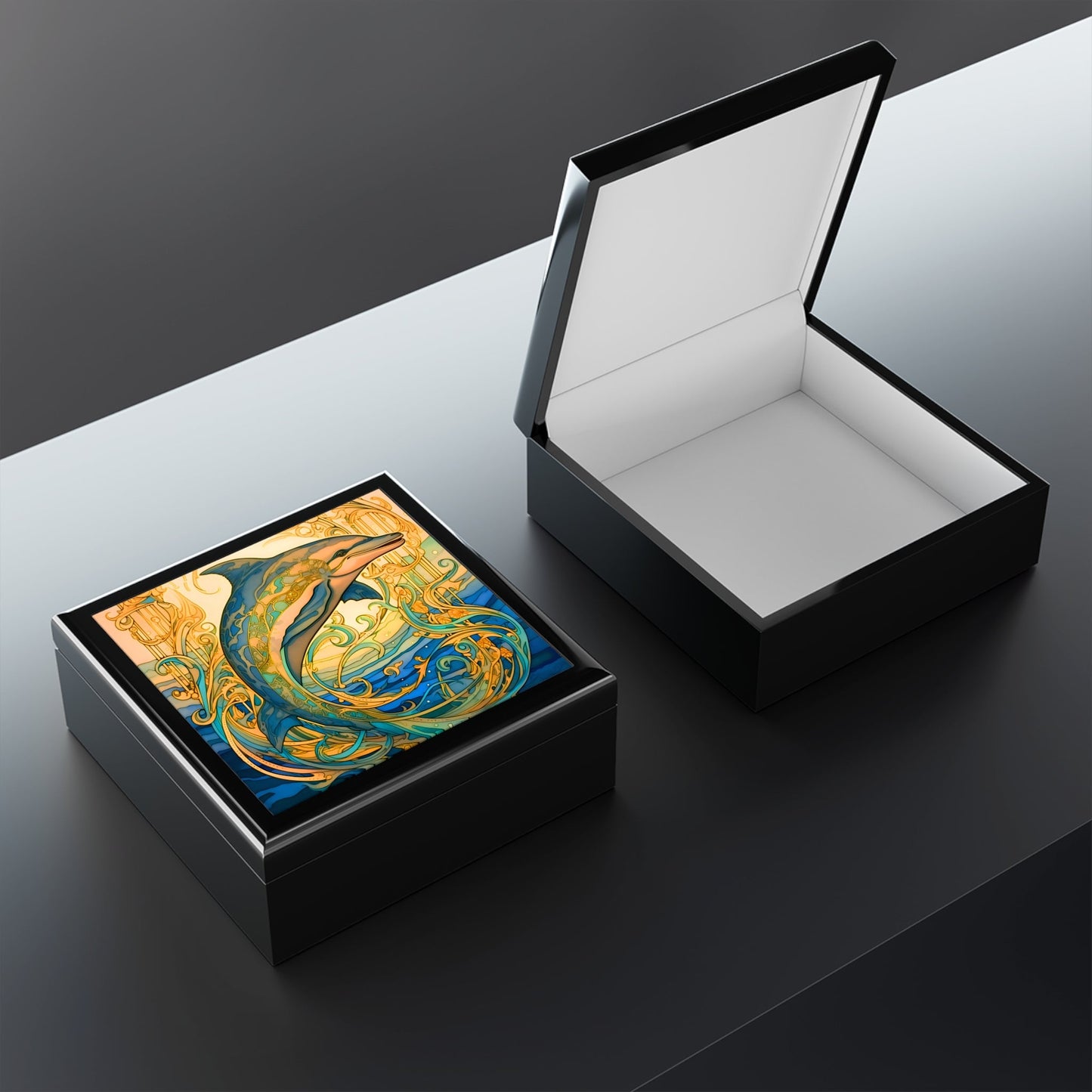 Art Nouveau Golden Dolphin Fine Art Print Jewelry Keepsake Trinkets Box