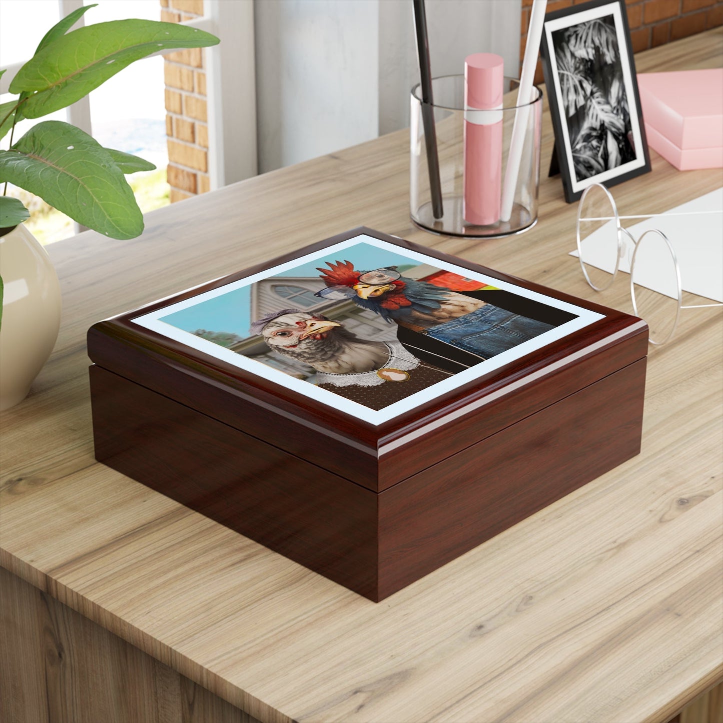 Barnyard Gothic Keepsake Jewelry Box with Ceramic Tile Cover Beige