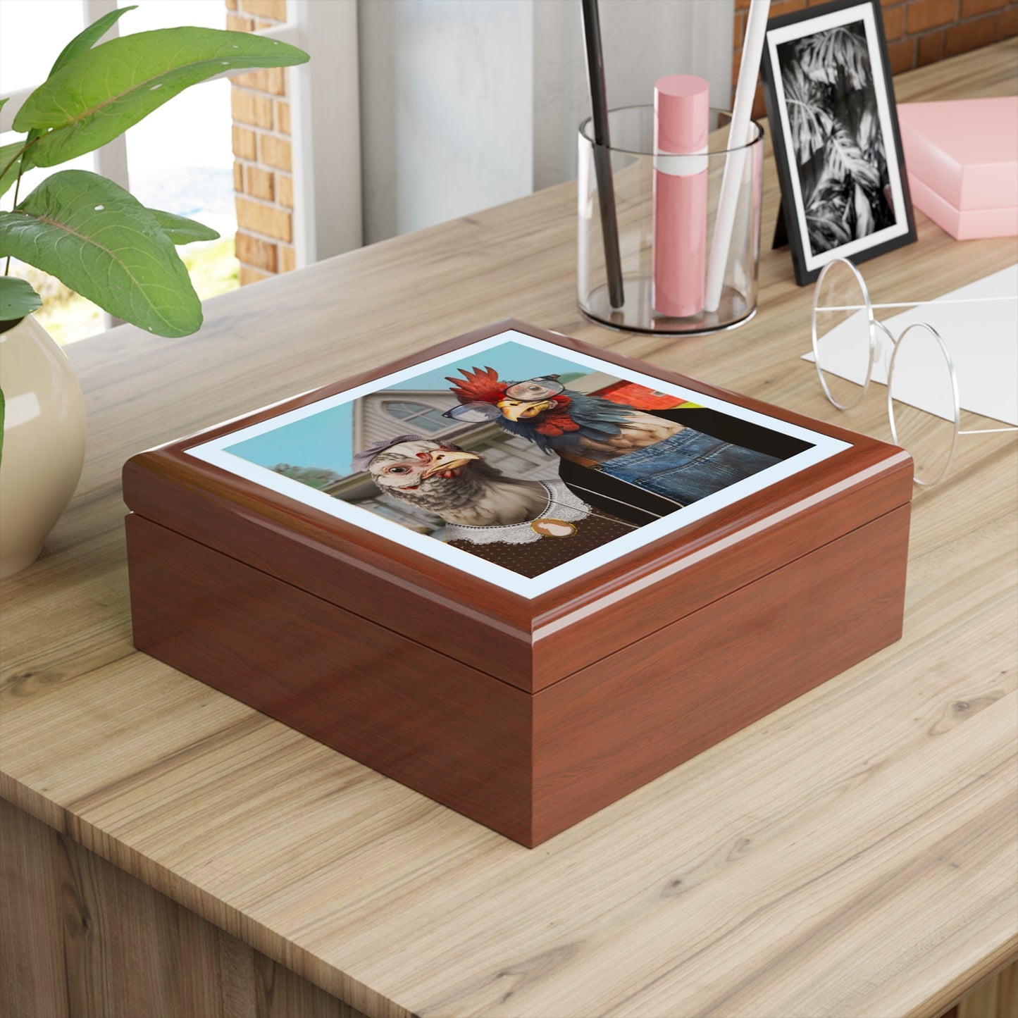 Barnyard Gothic Keepsake Jewelry Box with Ceramic Tile Cover Beige