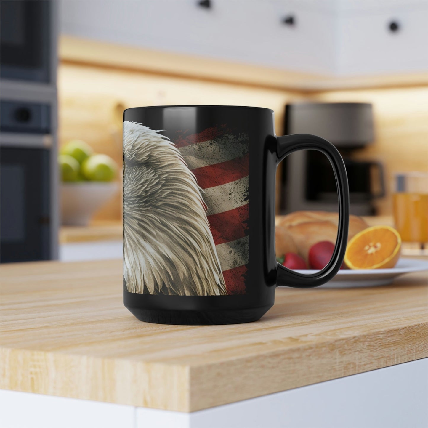 Blad Eagle with American Flag - Black 15 oz Blck Coffee Mug
