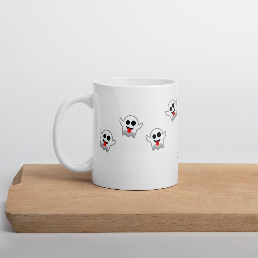 Boo! Ghost Emoji Text on a Glossy White Mug