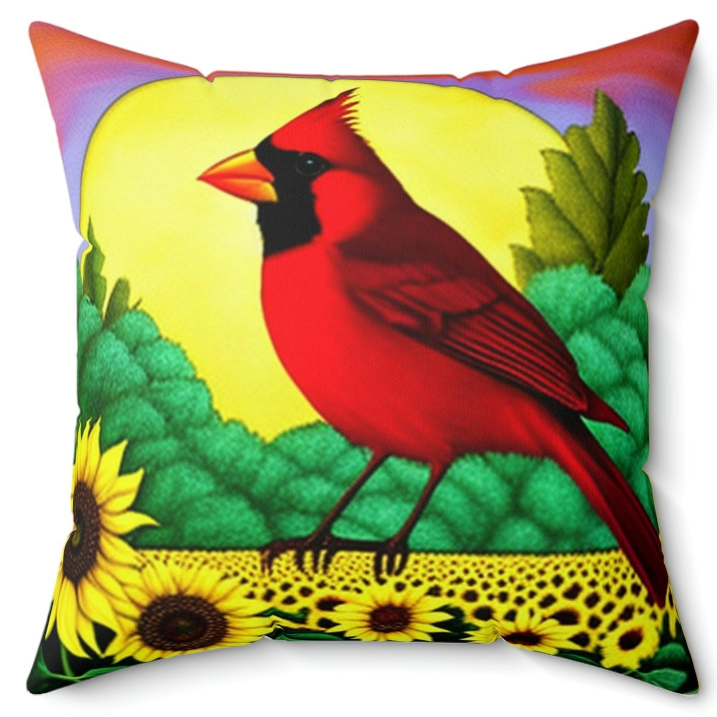 Cardinal in Sunflowers Painting Square Pillow