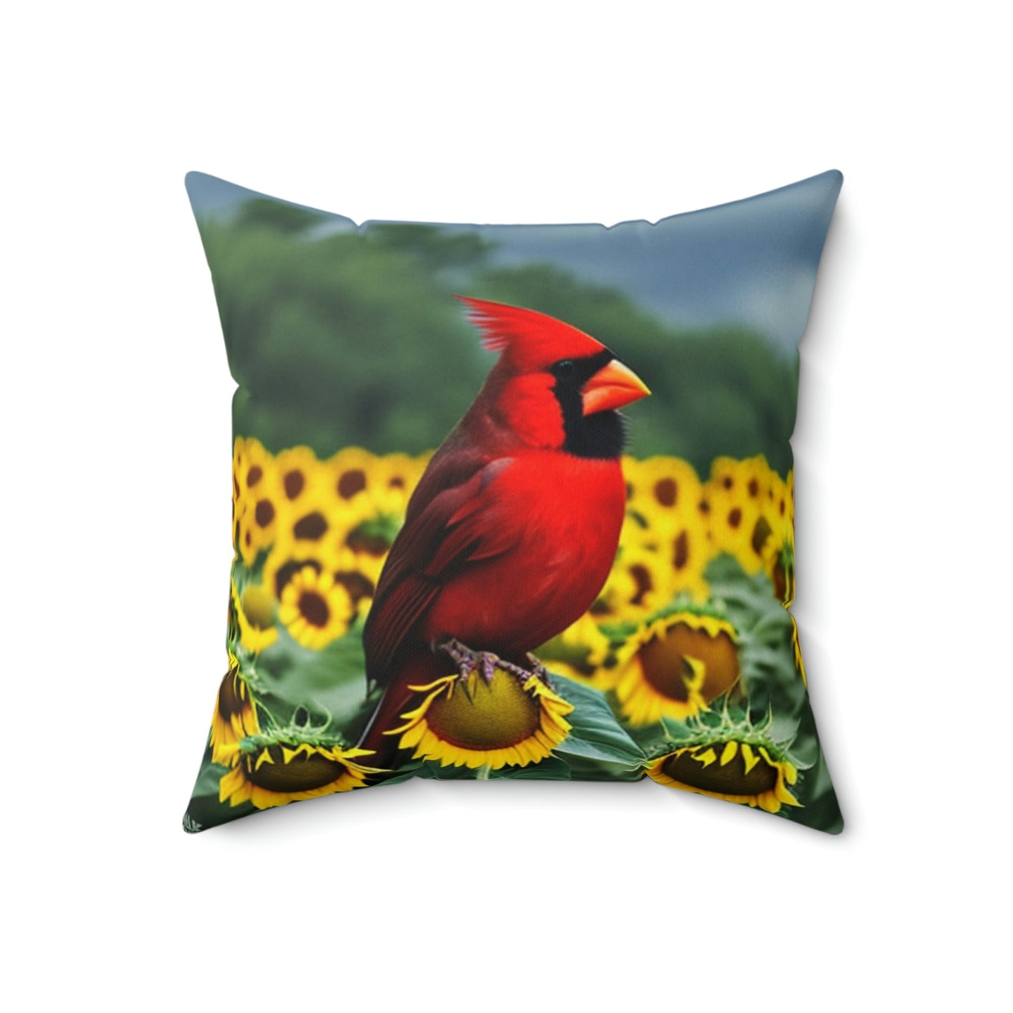 Cardinal Perched atop Sunflowers Square Pillow