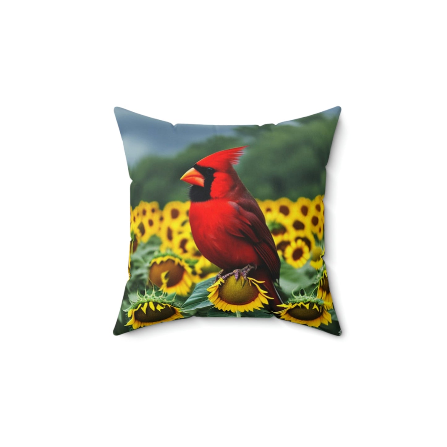 Cardinal Perched atop Sunflowers Square Pillow