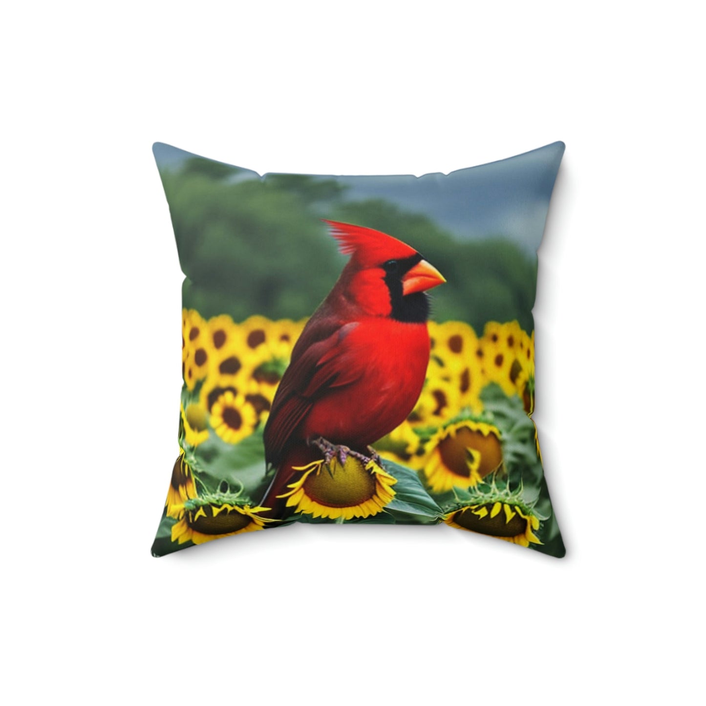 Cardinal Perched atop Sunflowers Square Pillow