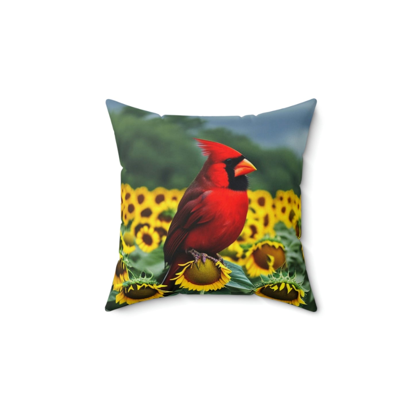 Cardinal Perched atop Sunflowers Square Pillow