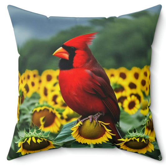 Cardinal Perched atop Sunflowers Square Pillow