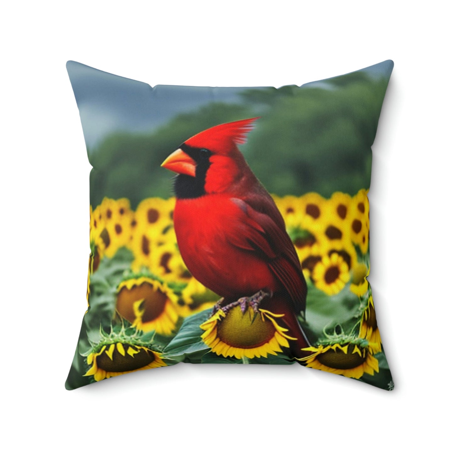 Cardinal Perched atop Sunflowers Square Pillow