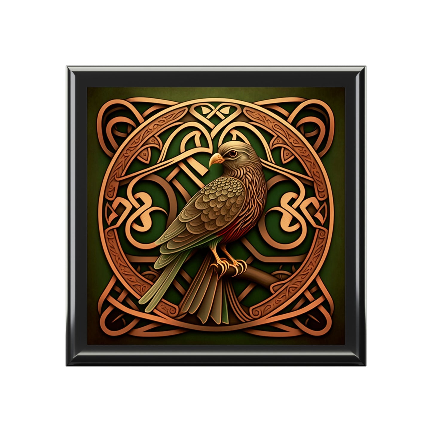 Celtic Knotwork Hawk Wooden Keepsake Jewelry Box with Ceramic Tile Cover