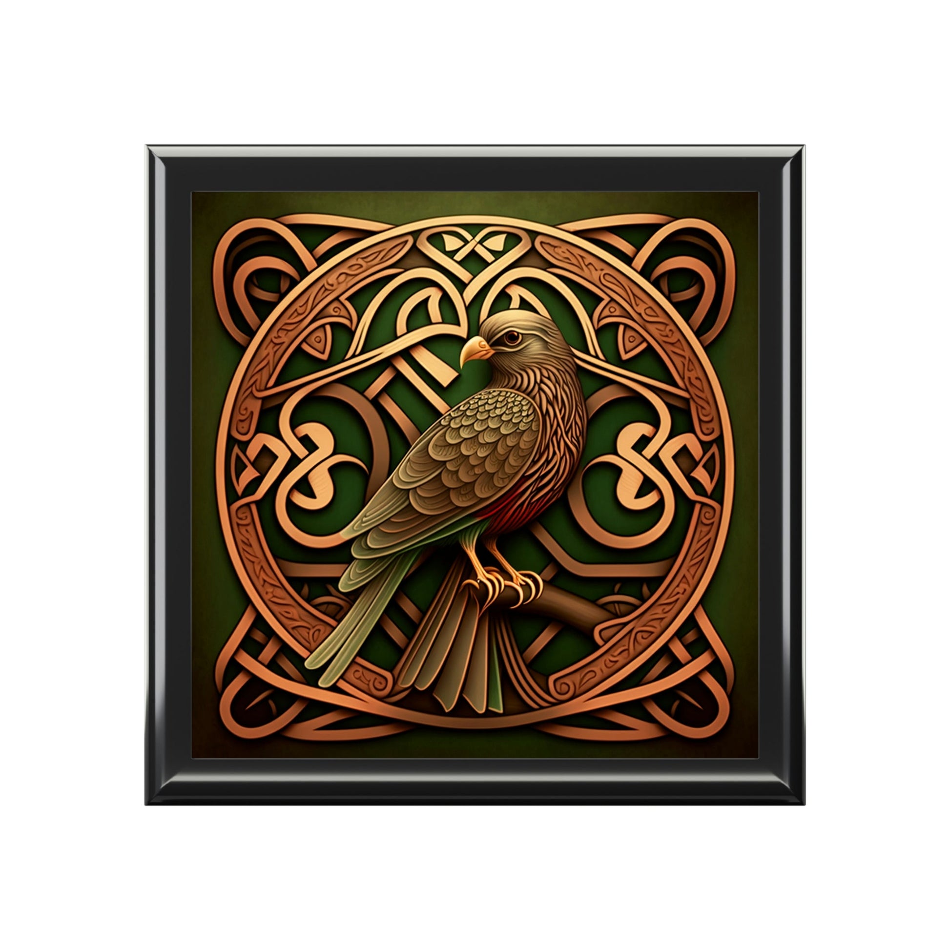 Celtic Knotwork Hawk Wooden Keepsake Jewelry Box with Ceramic Tile Cover