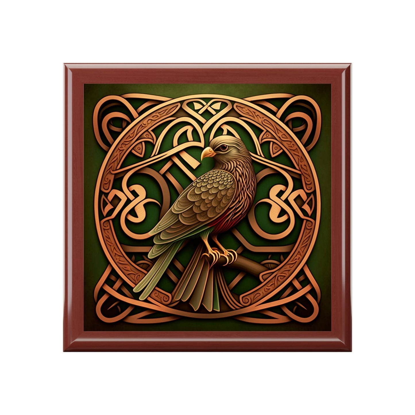 Celtic Knotwork Hawk Wooden Keepsake Jewelry Box with Ceramic Tile Cover