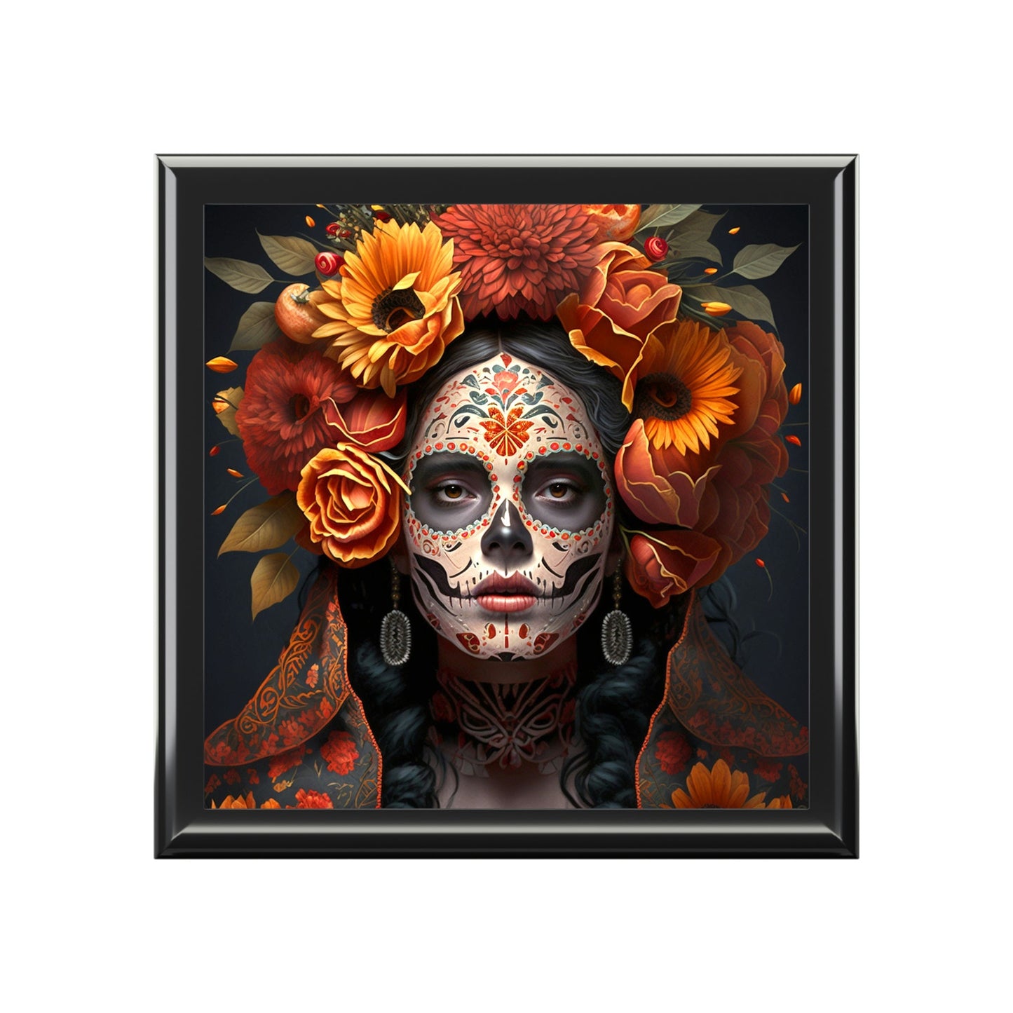 Day of the Dead Wooden Keepsake Jewelry Box with Ceramic Tile Cover