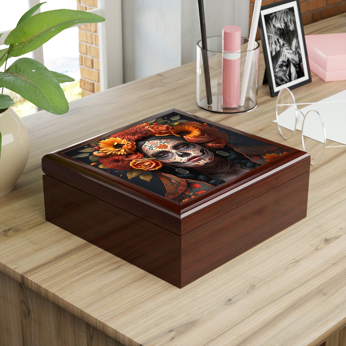Day of the Dead Wooden Keepsake Jewelry Box with Ceramic Tile Cover