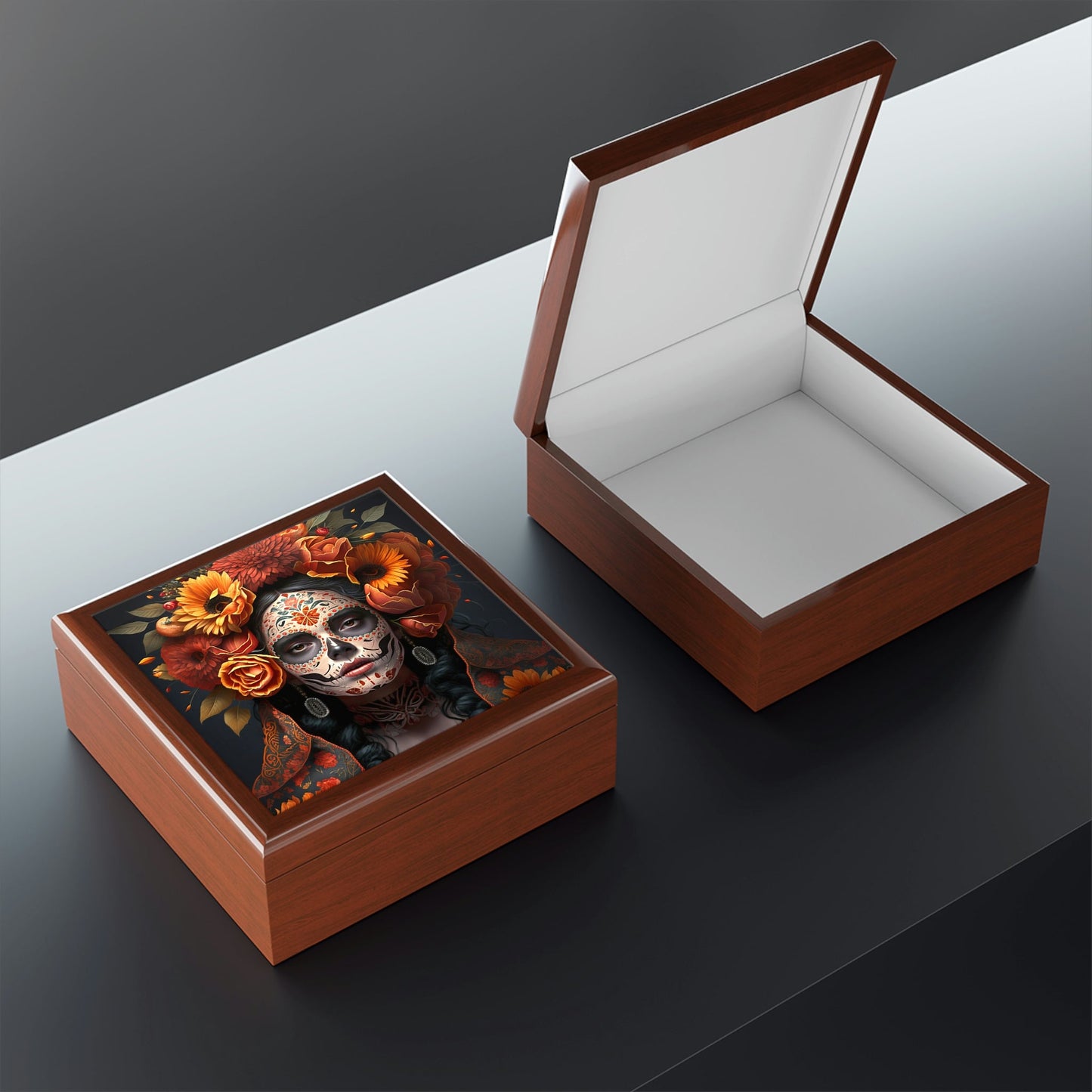 Day of the Dead Wooden Keepsake Jewelry Box with Ceramic Tile Cover