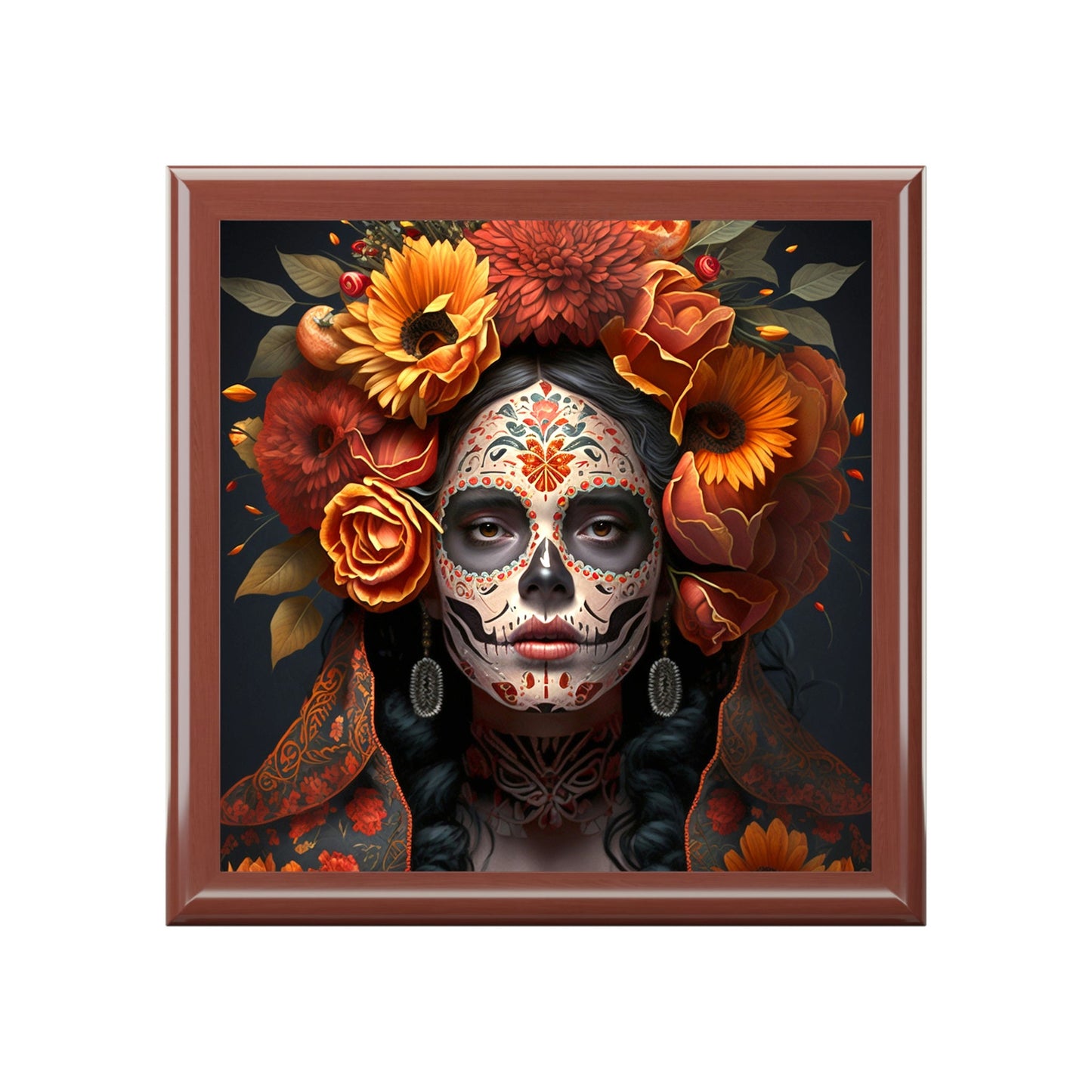 Day of the Dead Wooden Keepsake Jewelry Box with Ceramic Tile Cover