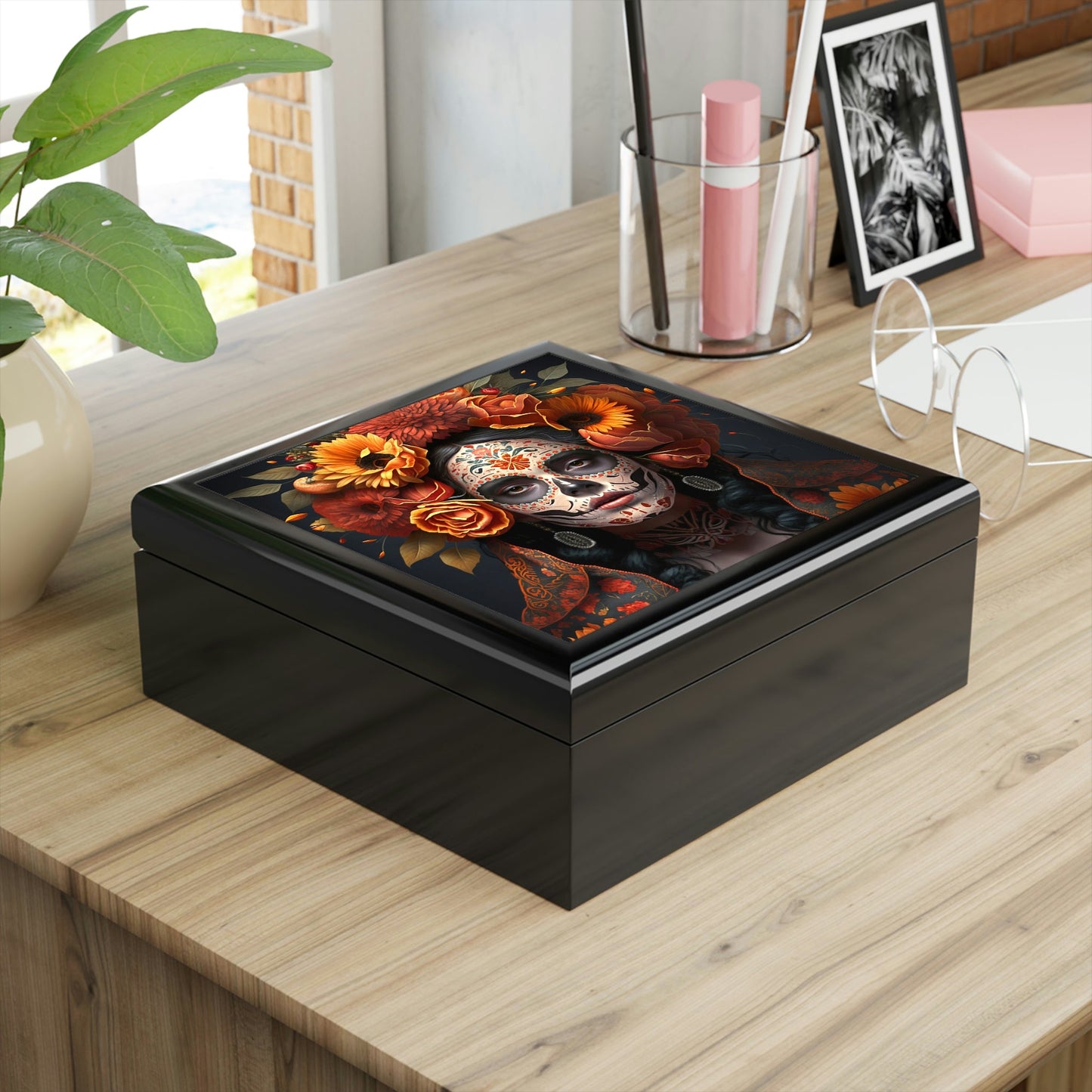 Day of the Dead Wooden Keepsake Jewelry Box with Ceramic Tile Cover
