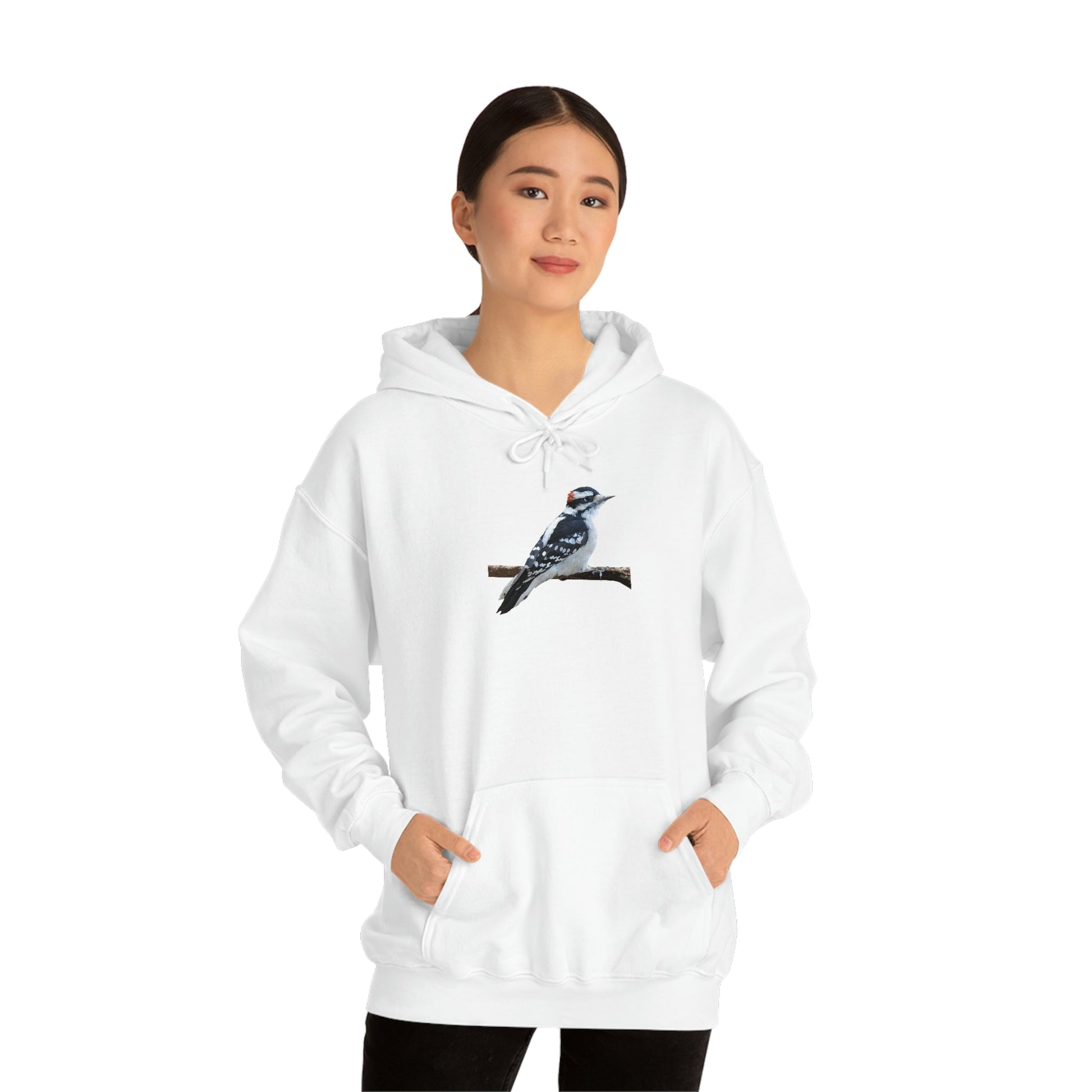 Downy Woodpecker (PS Dry Brush) Heavy Blend Hooded Sweatshirt, Birds, Birding, Birder, Bird Watching, Bird Watcher, Birdwatcher Gift