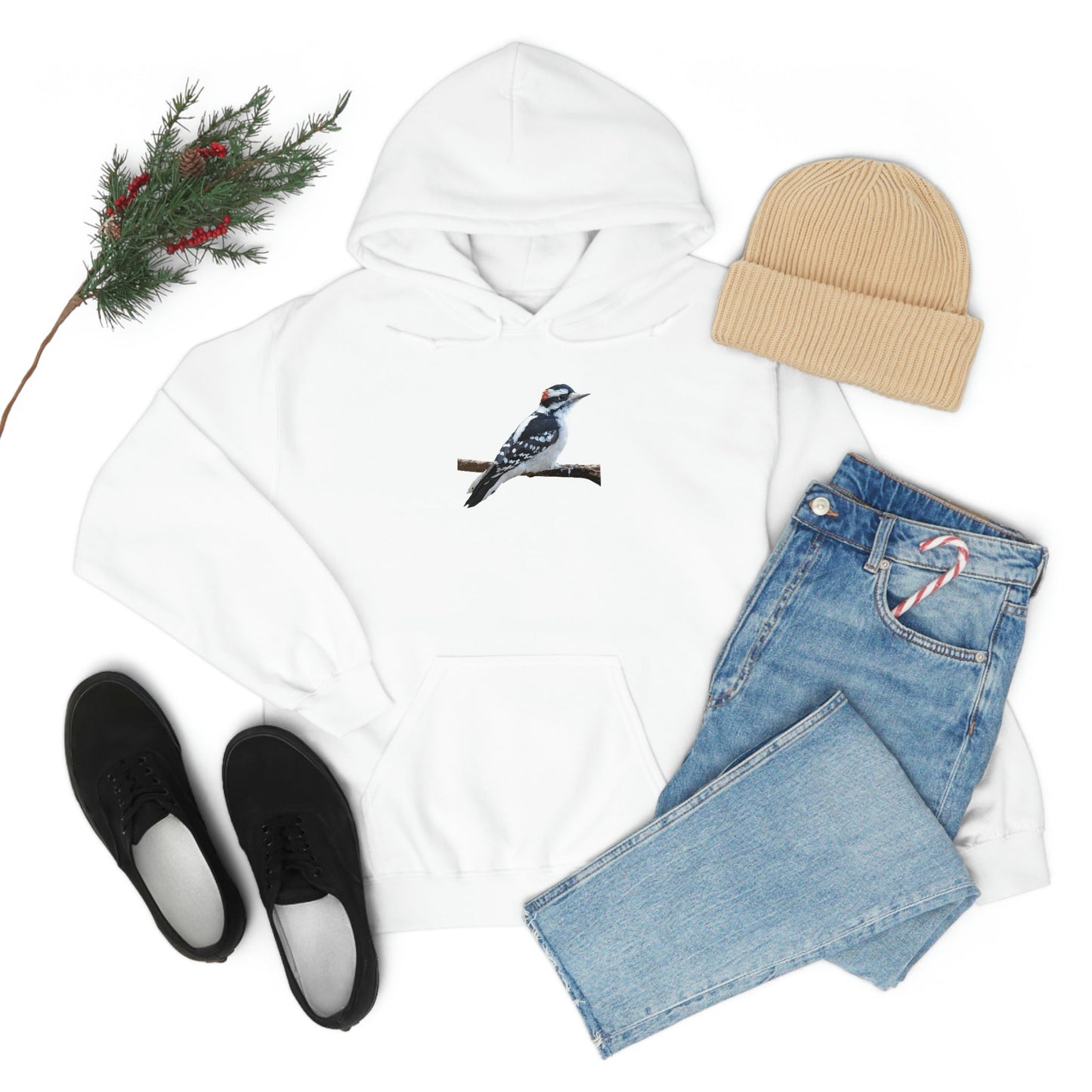 Downy Woodpecker (PS Dry Brush) Heavy Blend Hooded Sweatshirt, Birds, Birding, Birder, Bird Watching, Bird Watcher, Birdwatcher Gift
