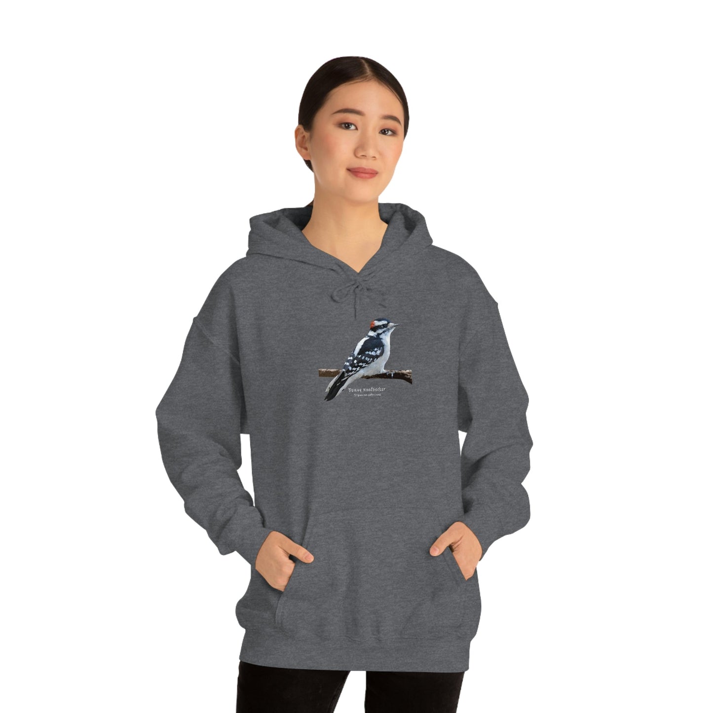 Downy Woodpecker (PS Dry Brush) Heavy Blend Hooded Sweatshirt, Birds, Birding, Birder, Bird Watching, Bird Watcher, Birdwatcher Gifts,