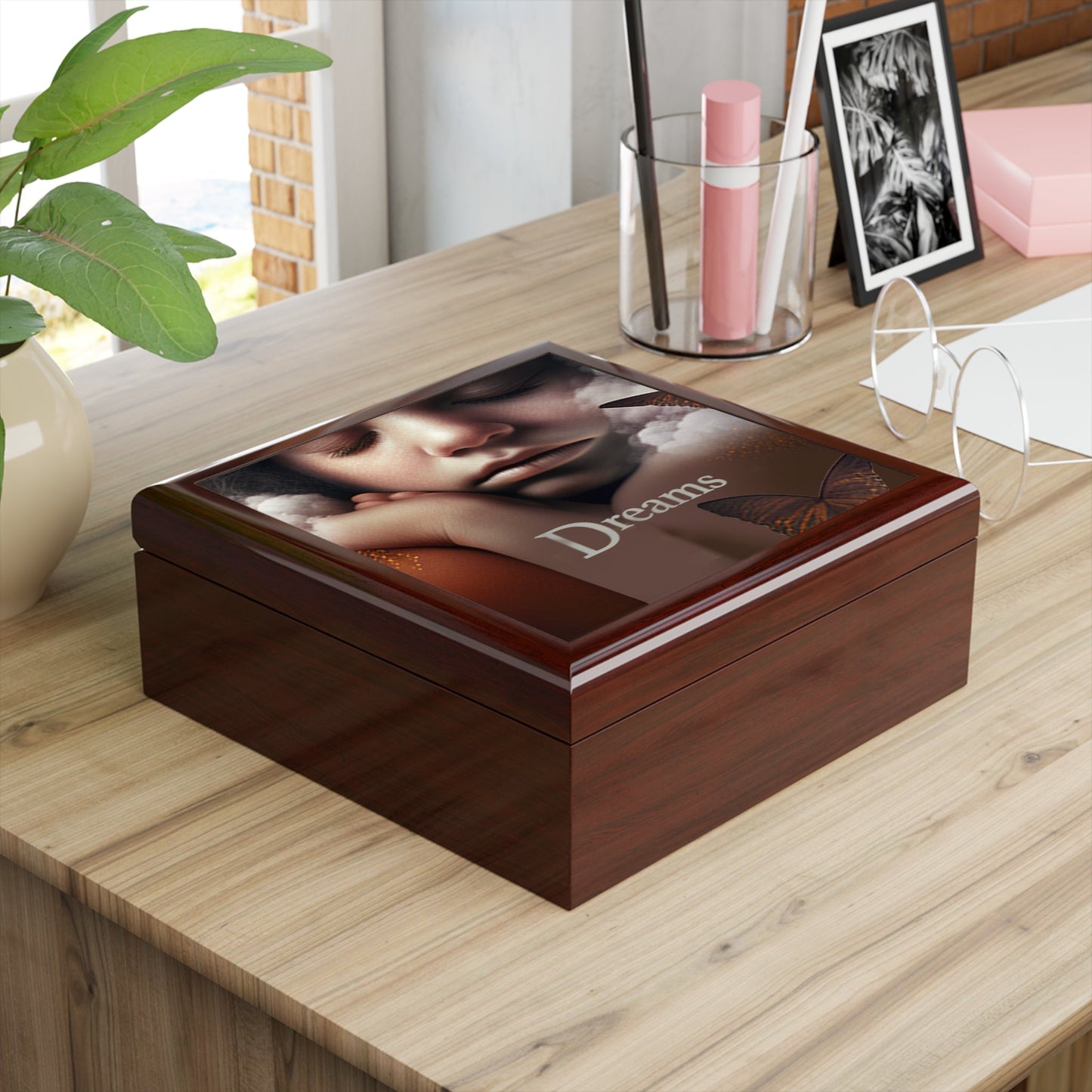 Dreams Keepsake Jewelry Box with Ceramic Tile Cover Beige. Manifest your dreams.