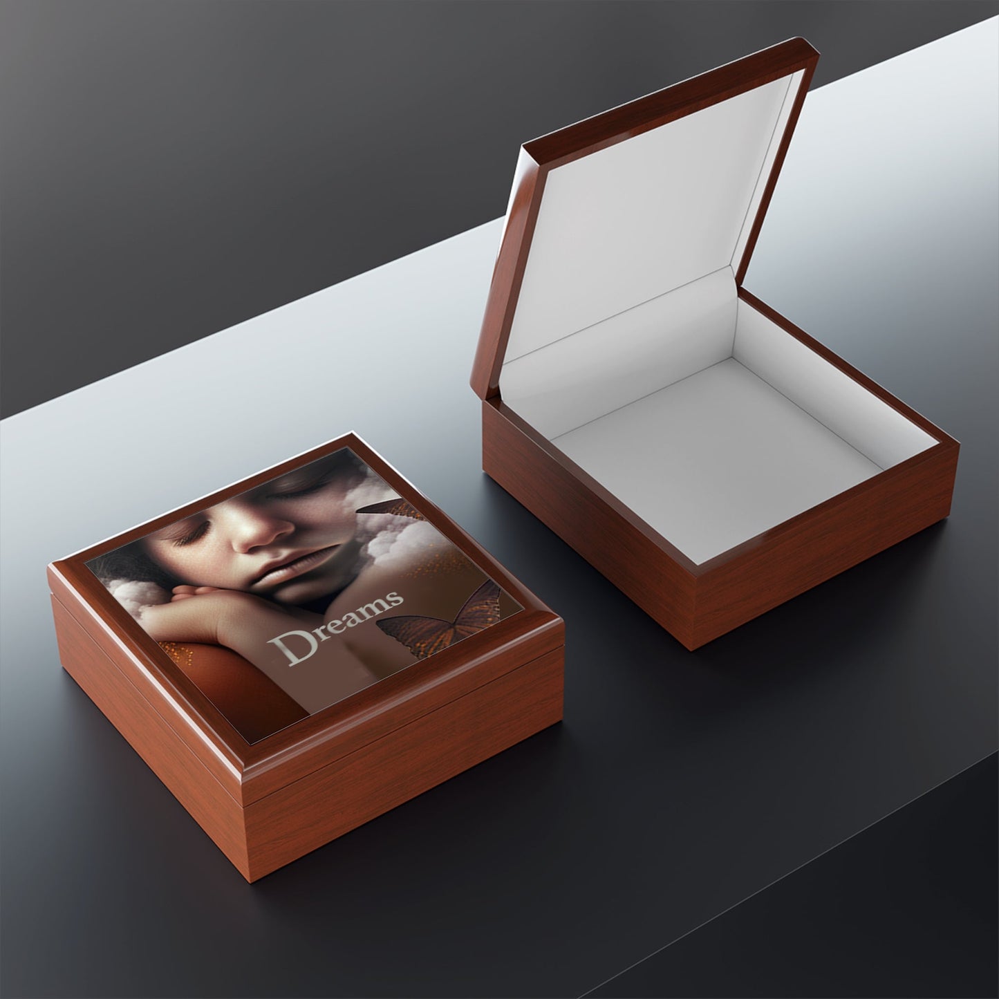 Dreams Keepsake Jewelry Box with Ceramic Tile Cover Beige. Manifest your dreams.