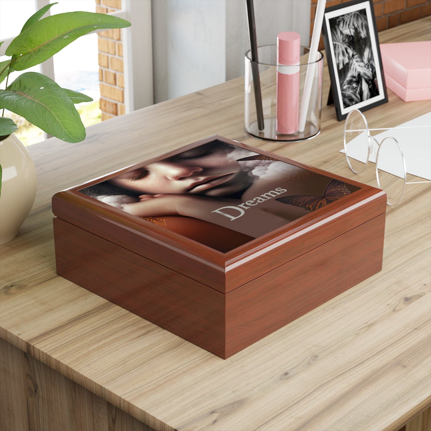 Dreams Keepsake Jewelry Box with Ceramic Tile Cover Beige. Manifest your dreams.