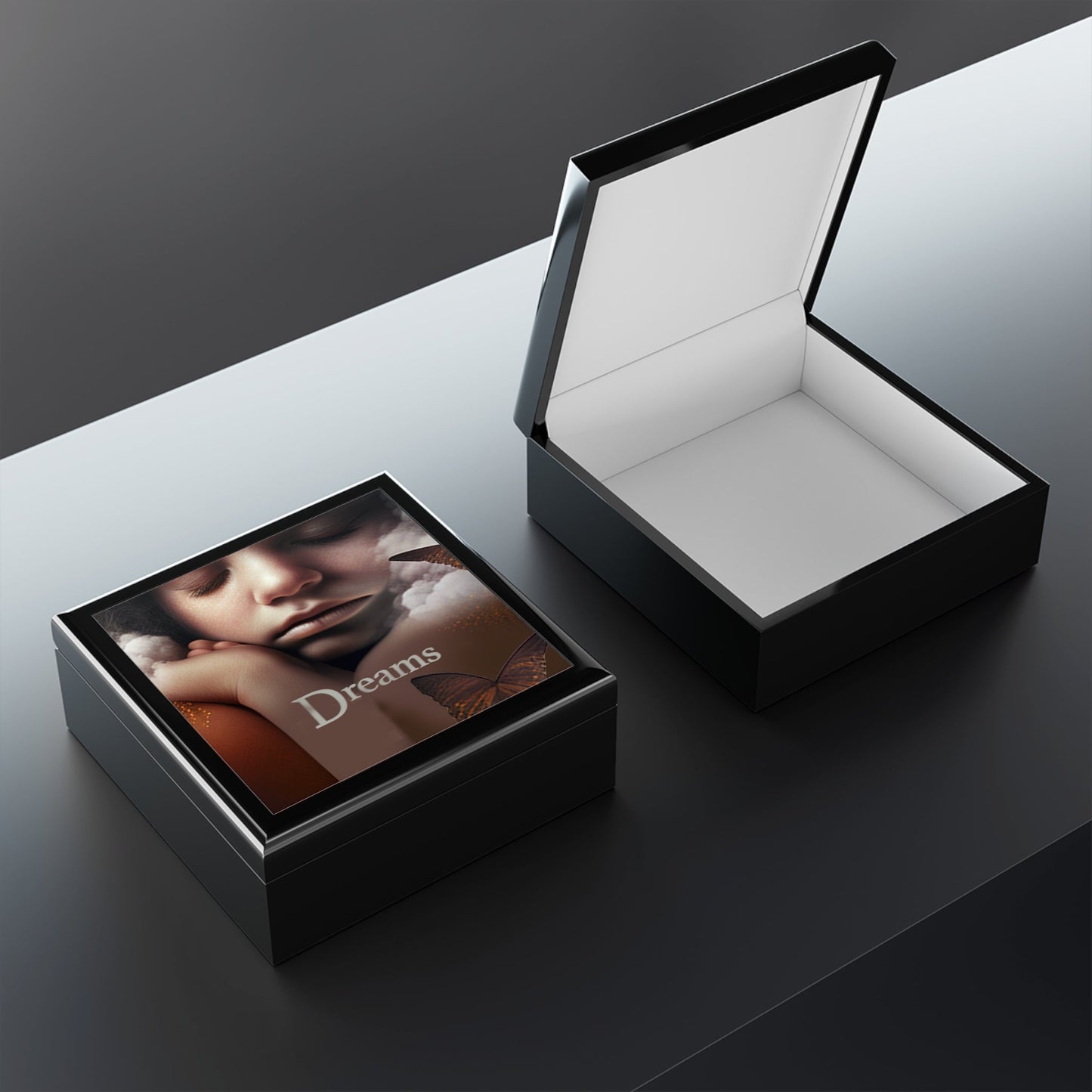 Dreams Keepsake Jewelry Box with Ceramic Tile Cover Beige. Manifest your dreams.
